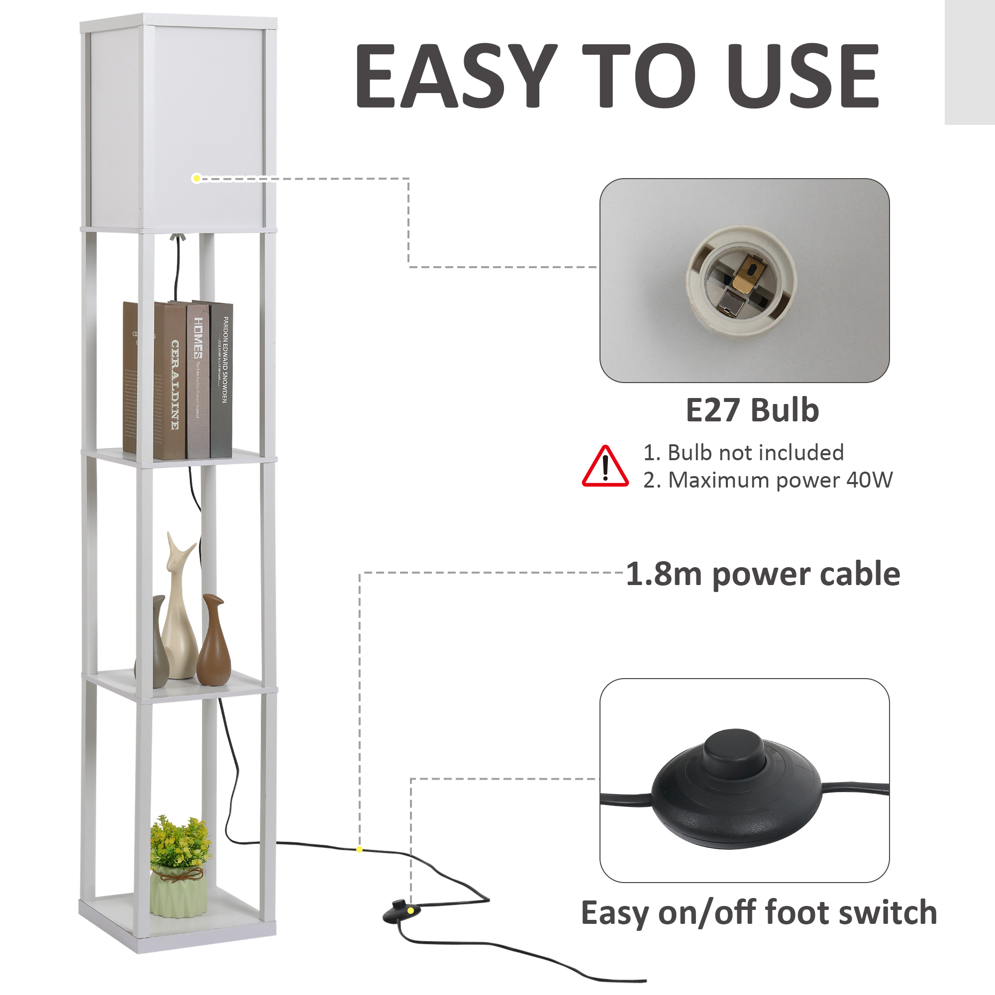 HOMCOM Standing Lamp, Floor Light with 4-Tier Storage Shelf, Reading Standing Lamp White