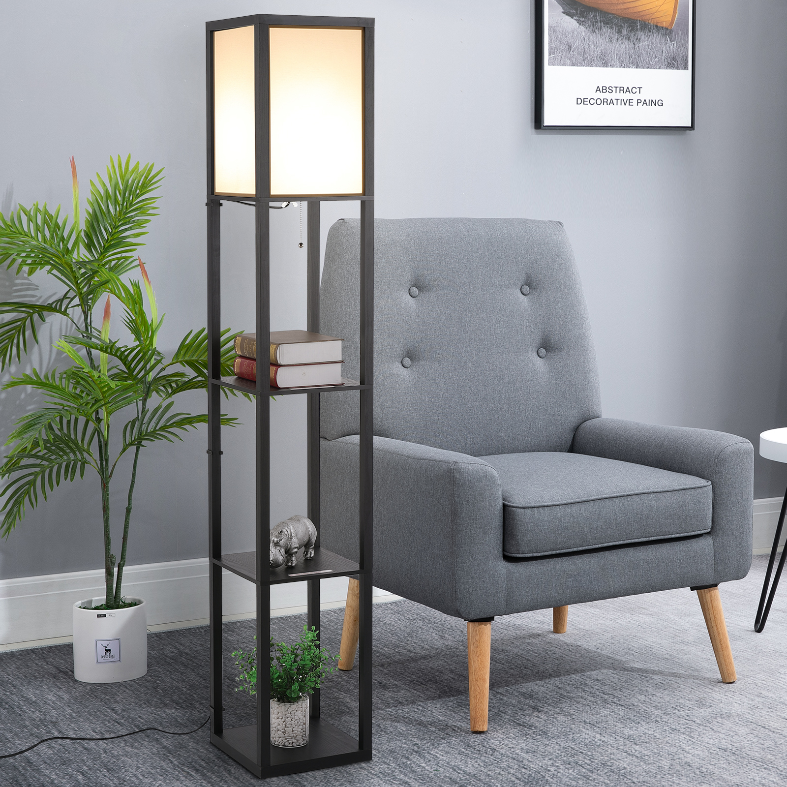 HOMCOM Modern Shelf Floor Lamp Soft Light 4-tier Open Shelves Living Room Storage Display