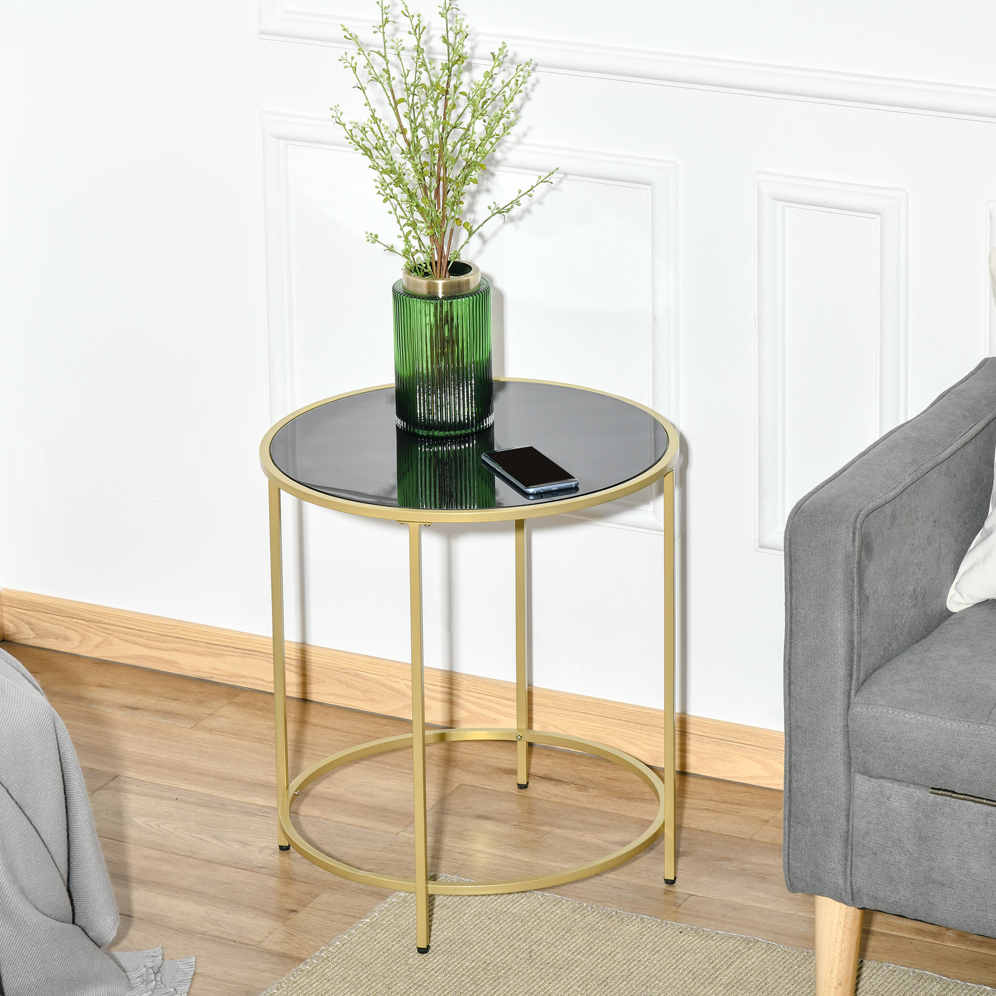 HOMCOM Modern Round Side Table, Gold Metal Base, Tempered Glass Top, Elegant Coffee Table for Living Room, Bedroom, Dining Area.