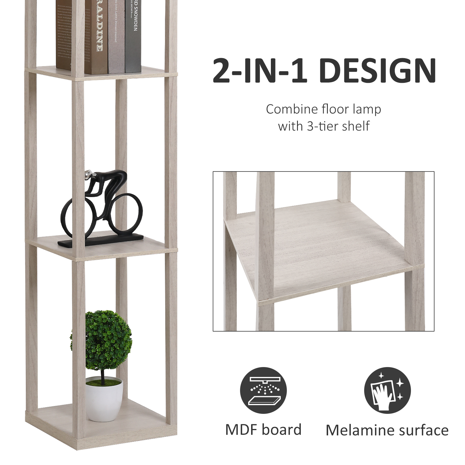 HOMCOM 3-Tier Floor Lamp, Floor Light w/ Storage Shelf, Reading Standing Lamp for Living Room, Bedroom, Office, Dorm, 160cm, Oak