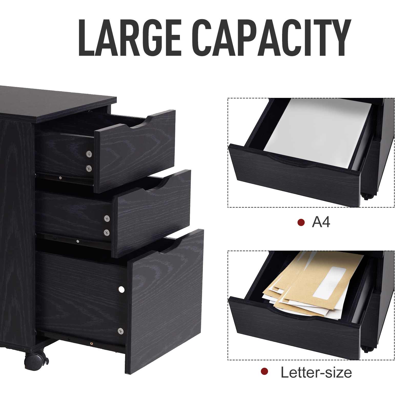 HOMCOM 3-Drawer File Cabinet Under Desk Office Storage Cabinet A4/Letter/Binders Movable W/ Slide Wheels Black Oak Color