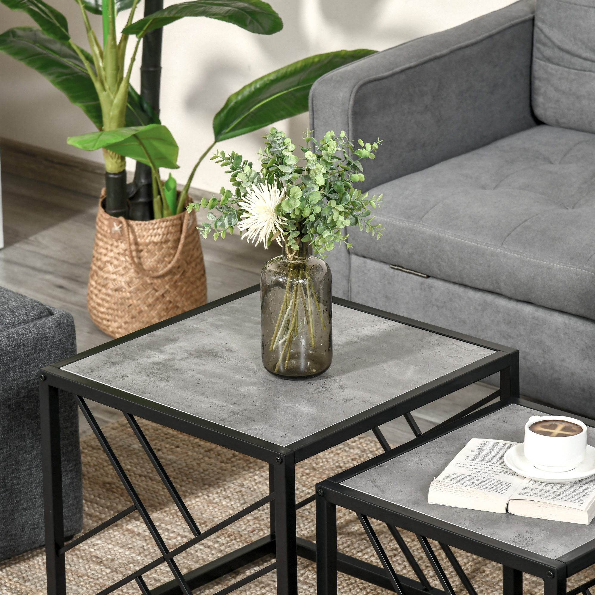 HOMCOM Set of 3 Nest of Tables, Square Side Tables with Black Metal Frame, for Living Room, Bedroom and Office, Grey