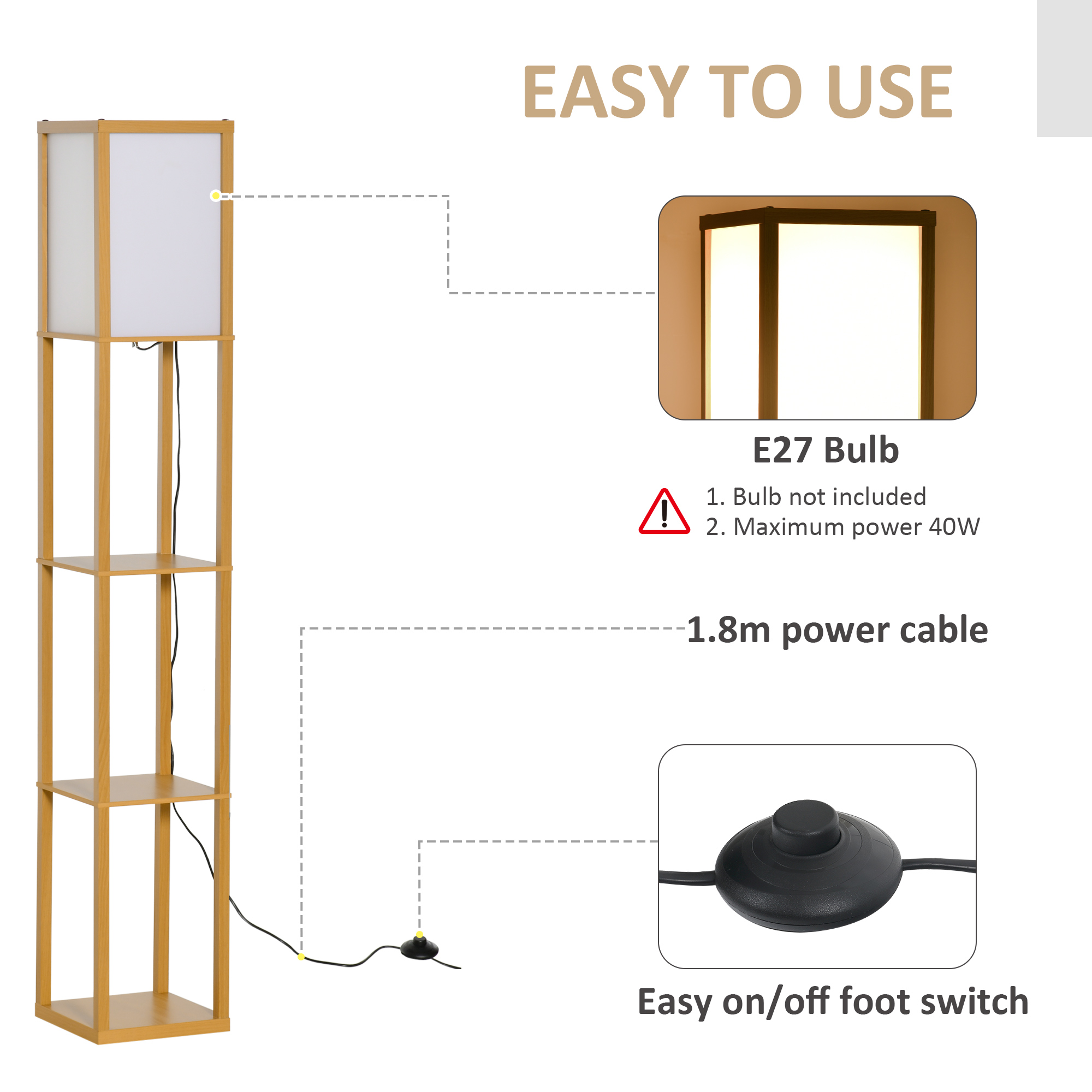 HOMCOM 3-Tier Floor Lamp, Floor Light w/ Storage Shelf, Reading Standing Lamp for Living Room, Bedroom, Office, Dorm, 160cm, Natural
