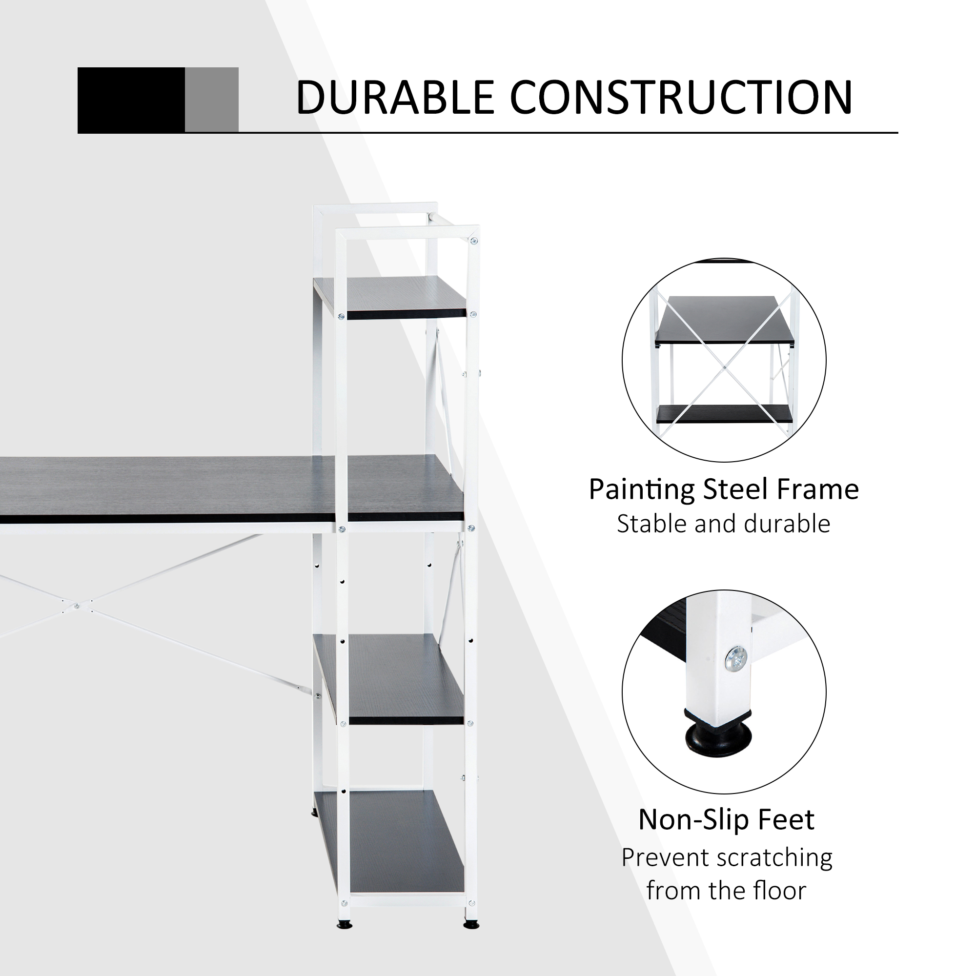 HOMCOM Study Workstation with 4-Tier Bookshelf, Metal Frame, Wooden Top, Home Office Computer Desk, Black & White.