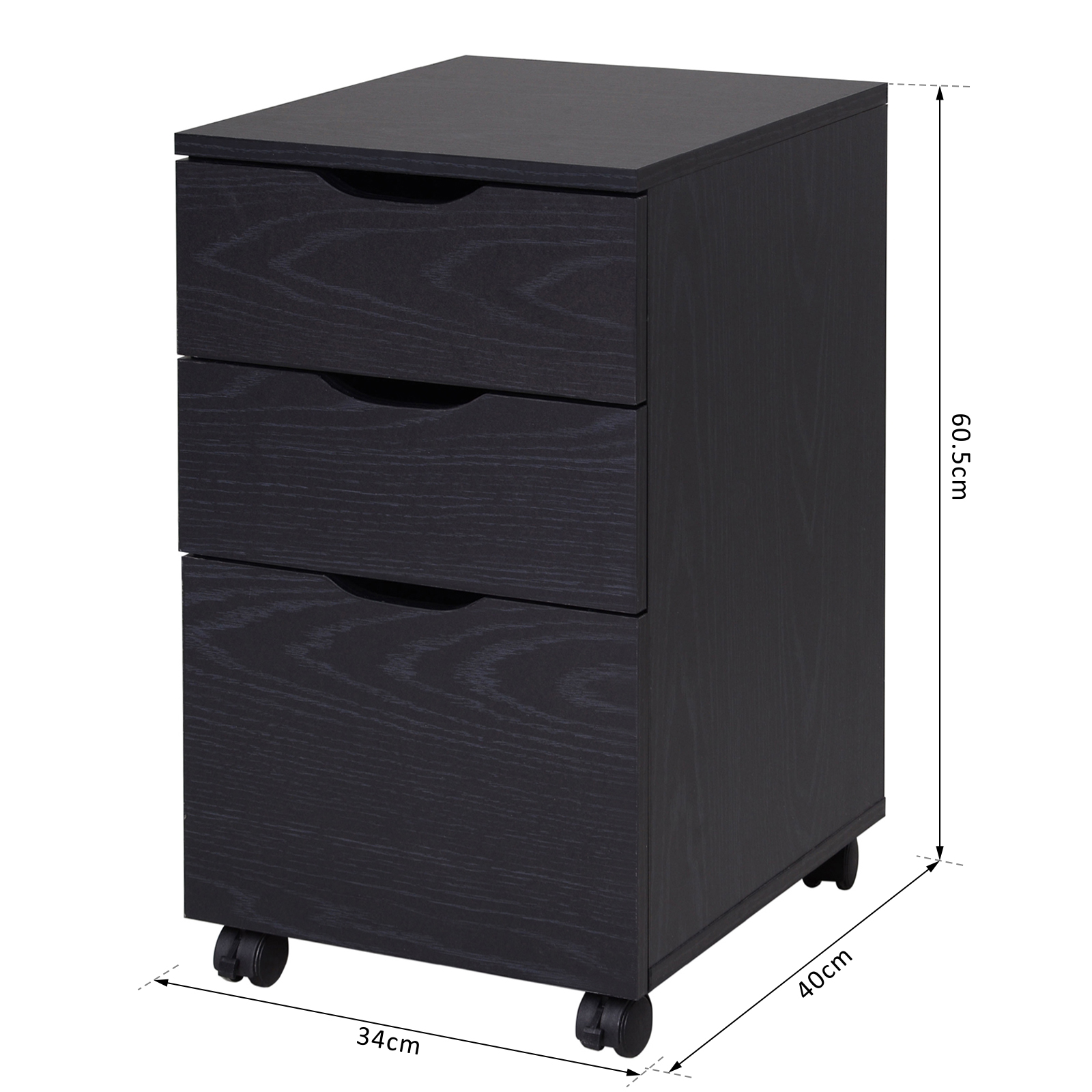 HOMCOM 3-Drawer File Cabinet Under Desk Office Storage Cabinet A4/Letter/Binders Movable W/ Slide Wheels Black Oak Color