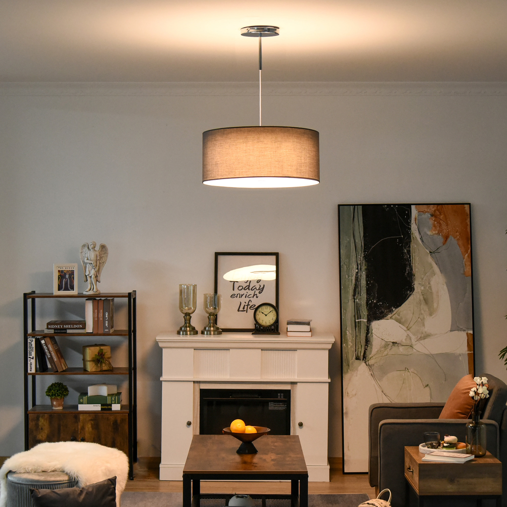 HOMCOM Modern LED Pendant Light Chandelier with Three Lighting Modes Metal Round Base for Living Room, Bedroom, Office, Entrance, Grey, 59 x 59 x 44cm