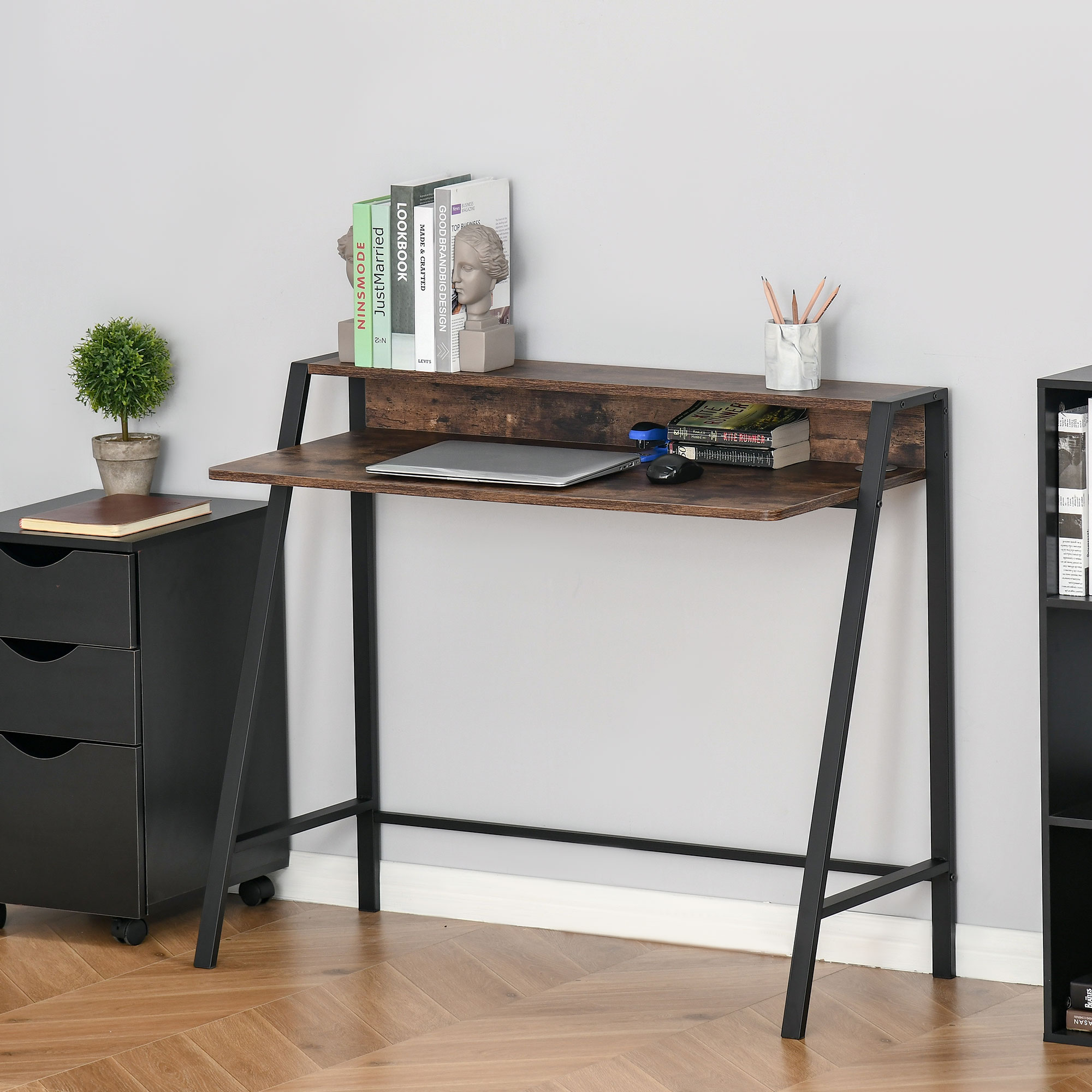 HOMCOM Writing Desk Computer Table Home Office PC Laptop Workstation Storage Shelf Color Rustic Brown