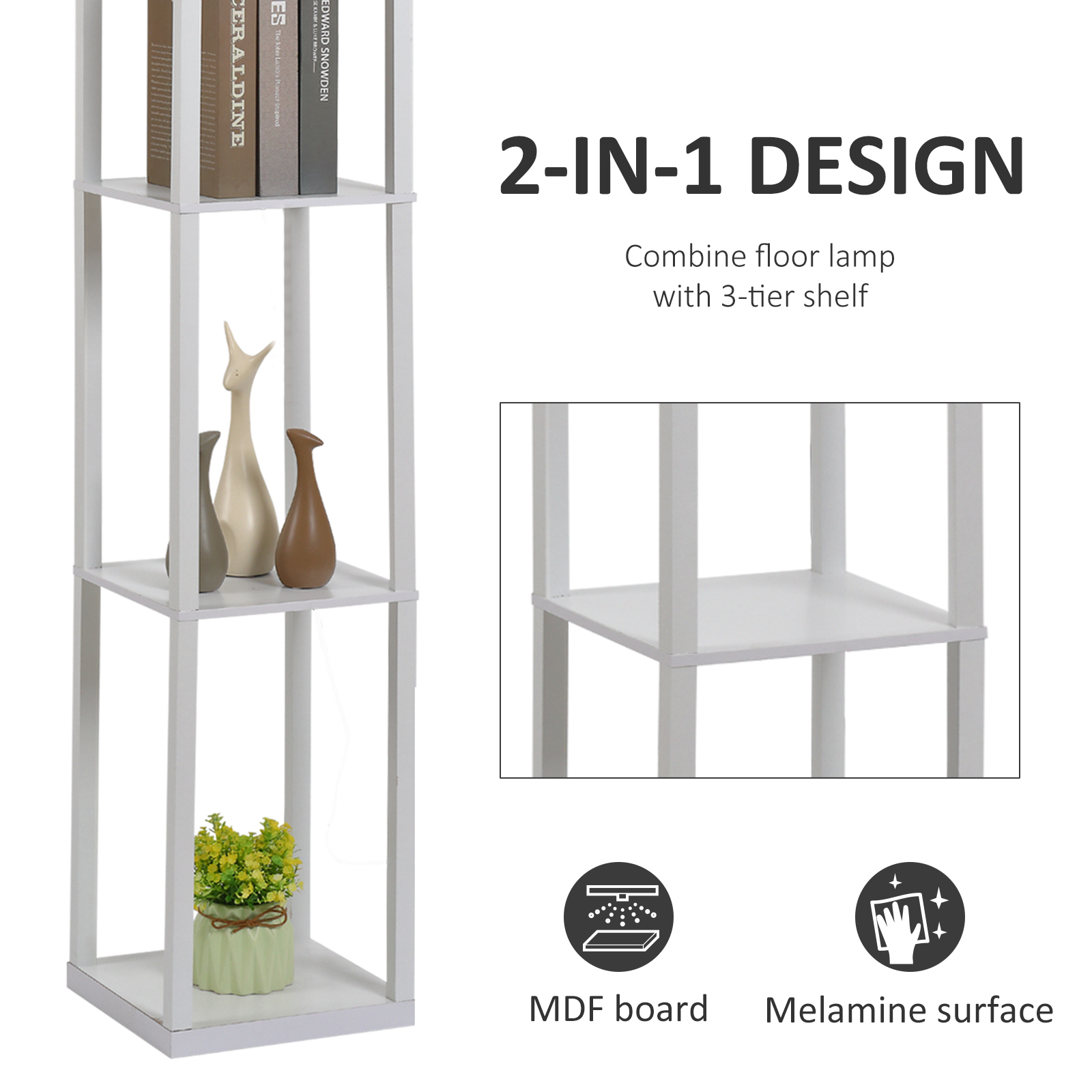 HOMCOM Standing Lamp, Floor Light with 4-Tier Storage Shelf, Reading Standing Lamp White