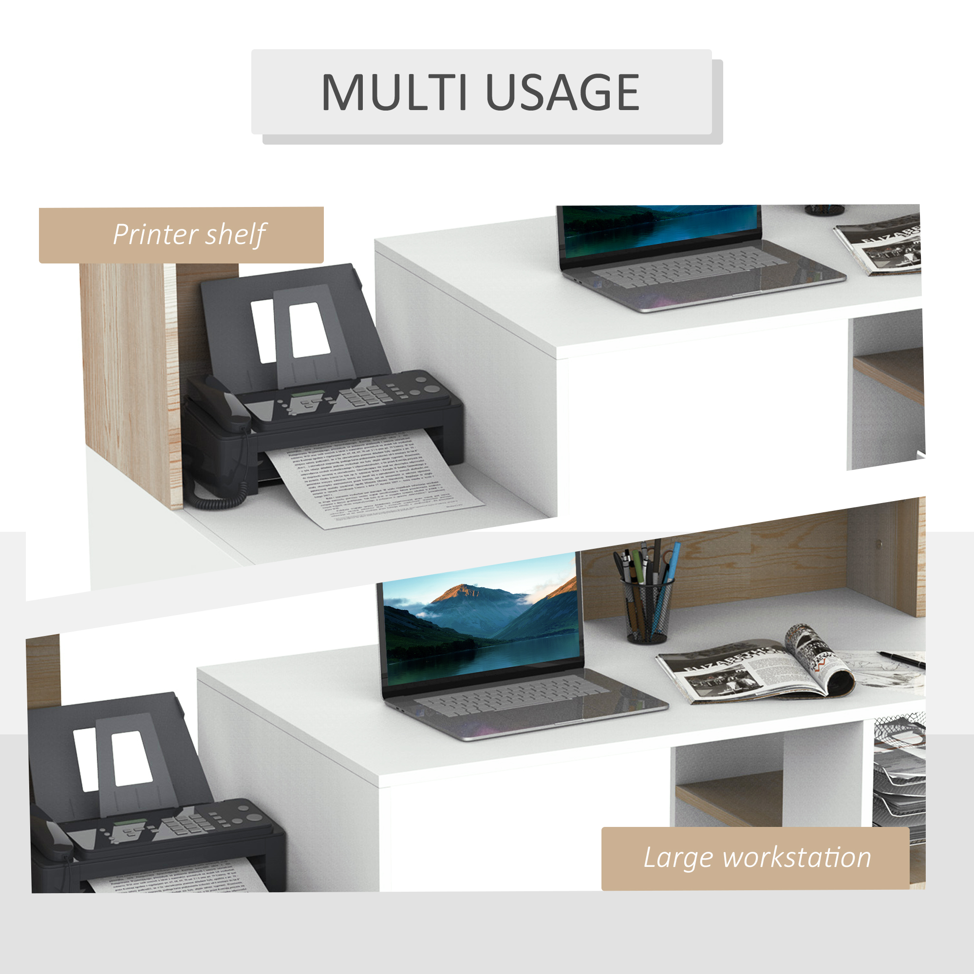 HOMCOM Computer Desk PC Table Modern Home Office Writing Workstation Furniture Printer Shelf Rack w/ Storage Drawer & Shelves (Oak and white)