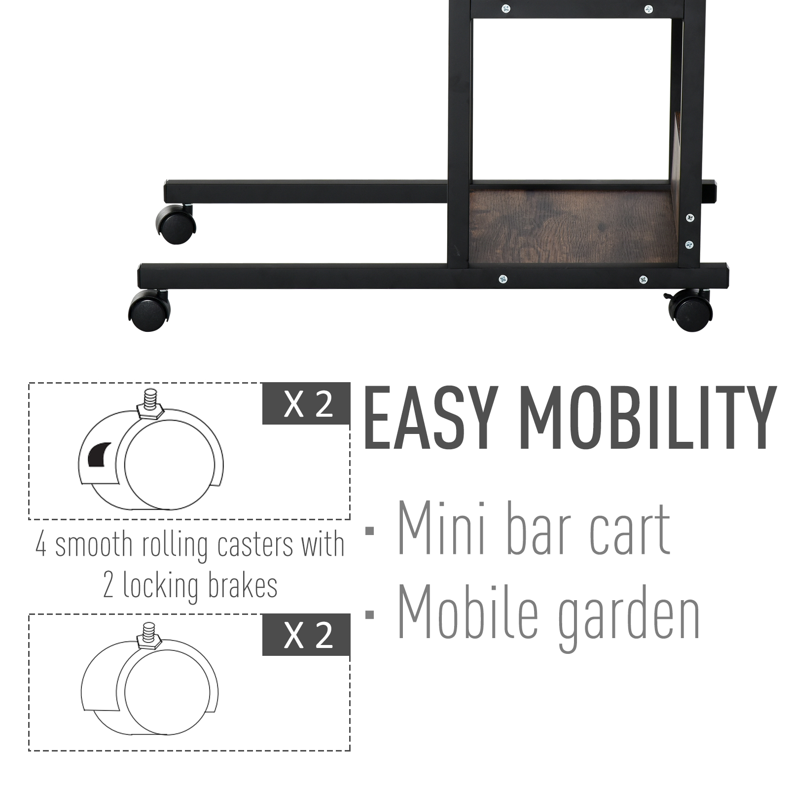 HOMCOM Industrial C-Shaped Side Table, Mobile End Desk with 3-Tier Storage, Adjustable Height, on Wheels