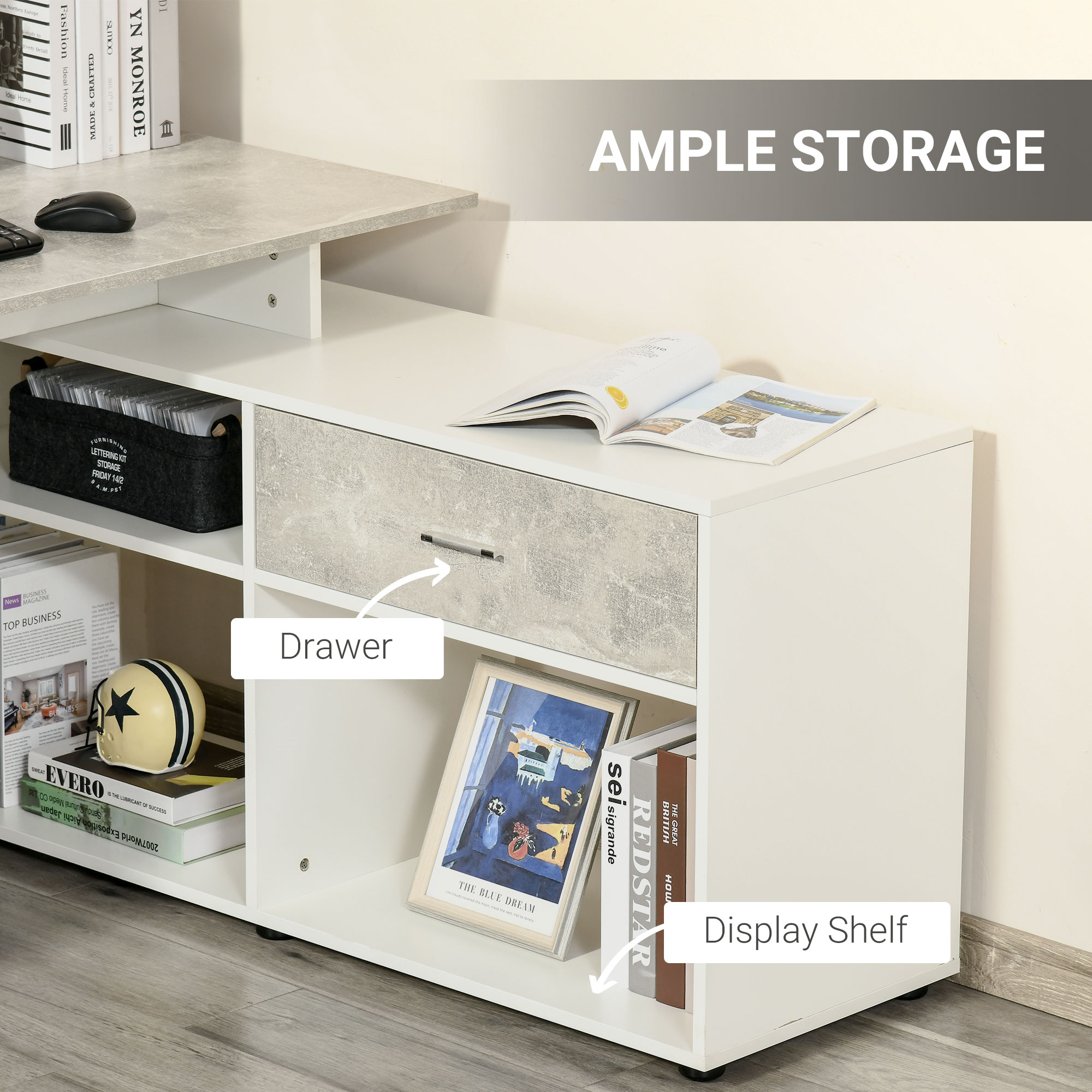 HOMCOM L-Shaped Computer Desk Home Office Corner Desk Study Workstation Space Saving Table with Shelves Drawer, Grey and White