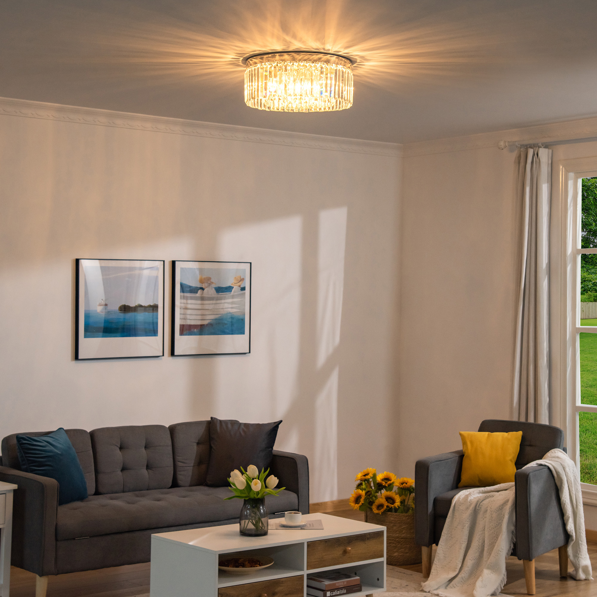 HOMCOM Crystal Ceiling Light Modern Chandeliers w/ Stainless Steel Base 10 Lights Elegant Flush Mount Ceiling Lighting for Living Room, Hallway, Bar