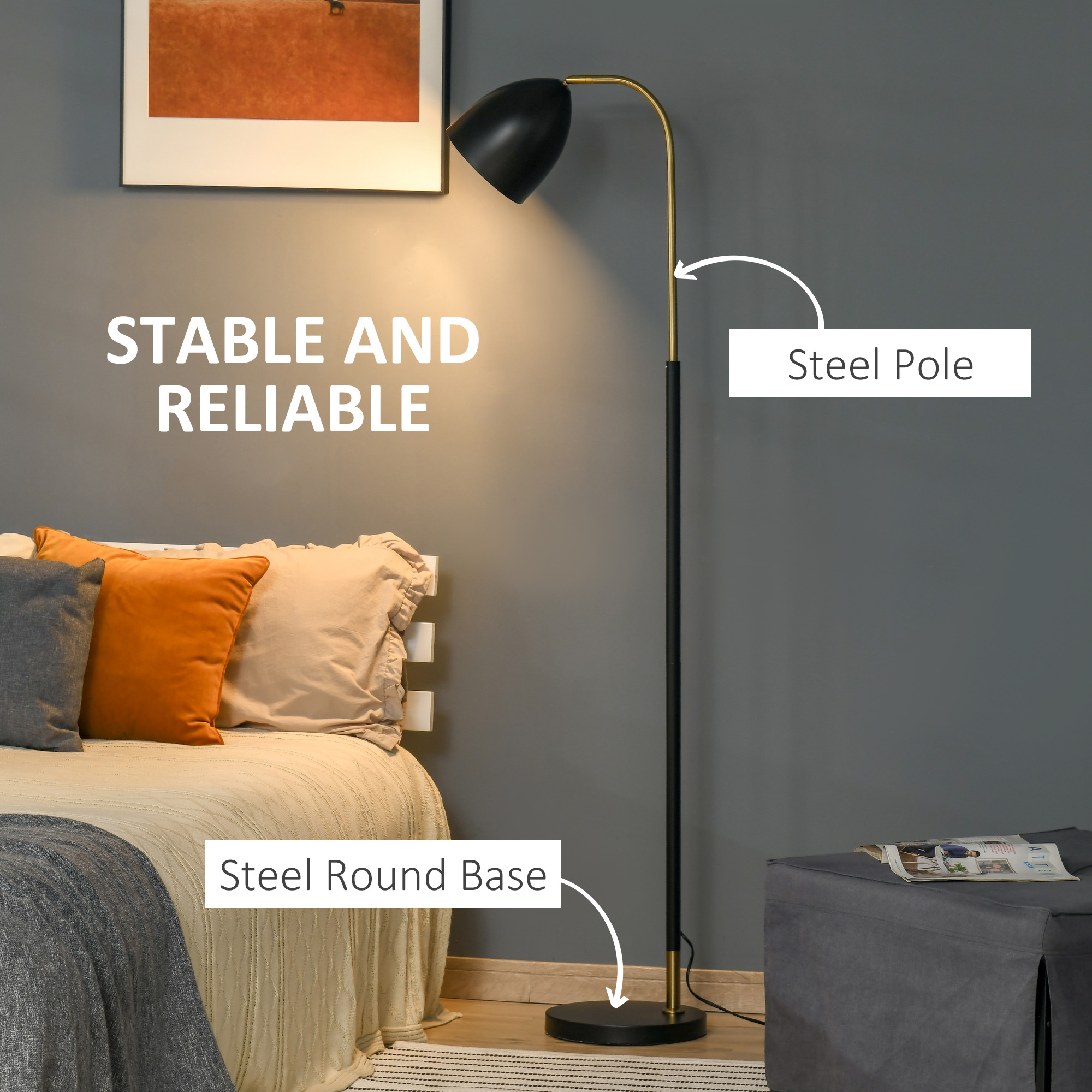 HOMCOM Arc Floor Lamp, Standing Reading Light, with Adjustable Lampshade, and Round Base for Living Room, Office, Bedroom, Black Gold