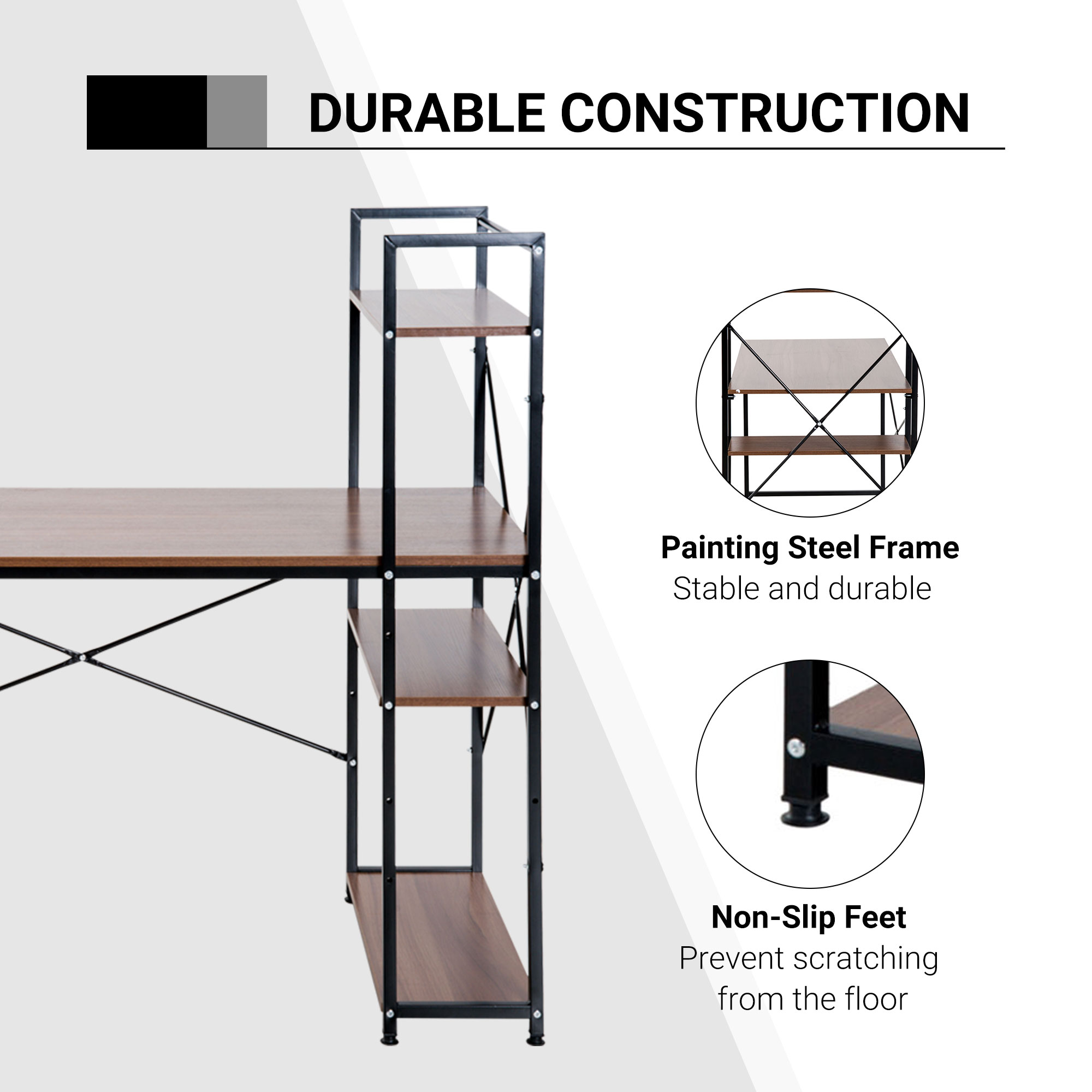 HOMCOM Workstation Desk with 4-Tier Bookshelf, Study PC Table, Home Office, Metal Frame, Wooden Top, Walnut & Black