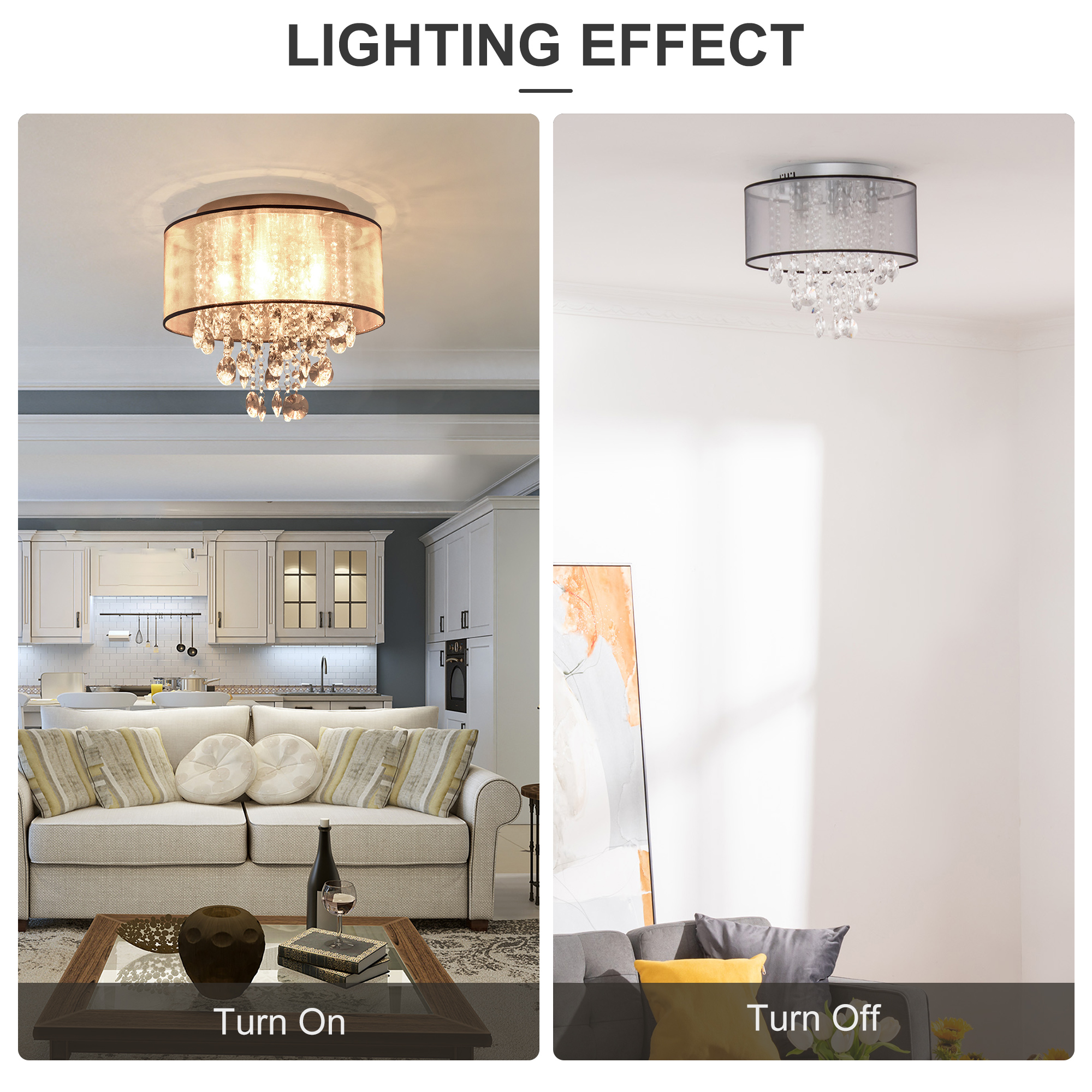 HOMCOM Modern Crystal Chandelier Flush Mount LED Ceiling Light with Drum Shade for Living Room Bedroom Dining Room Silver