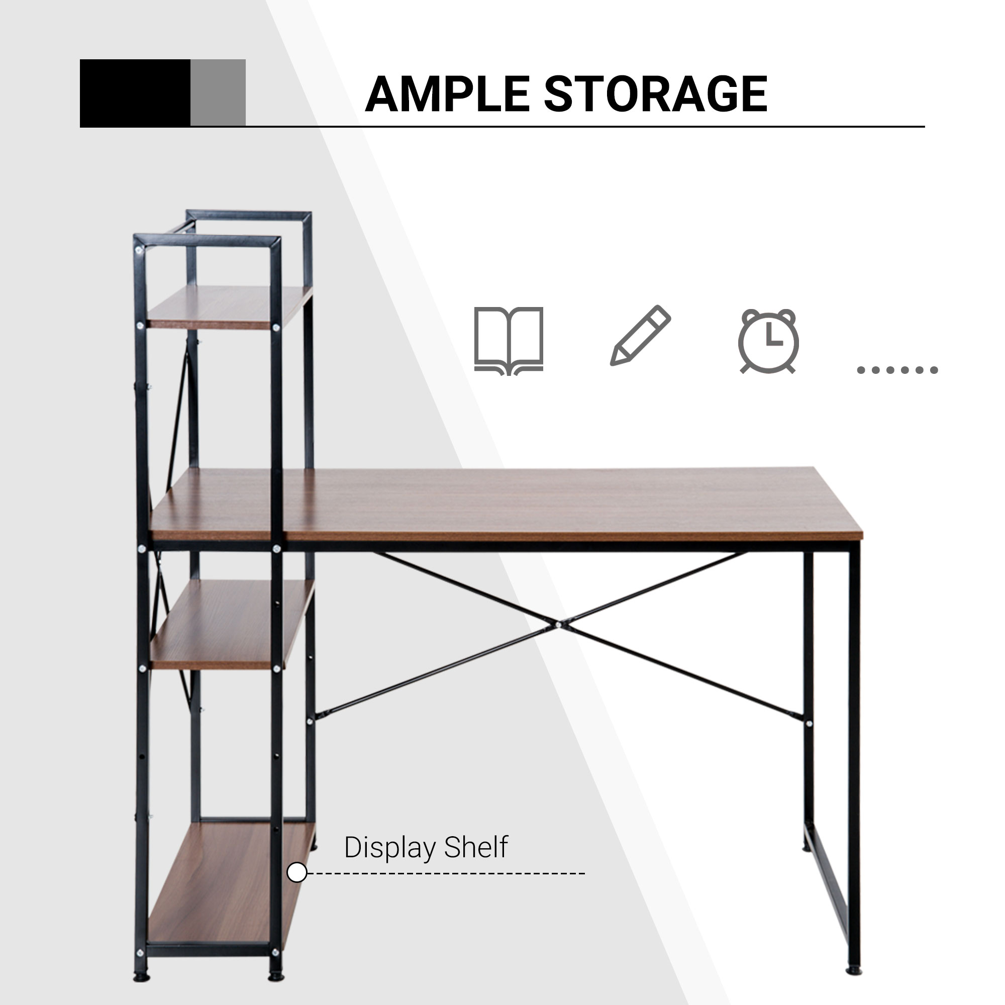 HOMCOM Workstation Desk with 4-Tier Bookshelf, Study PC Table, Home Office, Metal Frame, Wooden Top, Walnut & Black