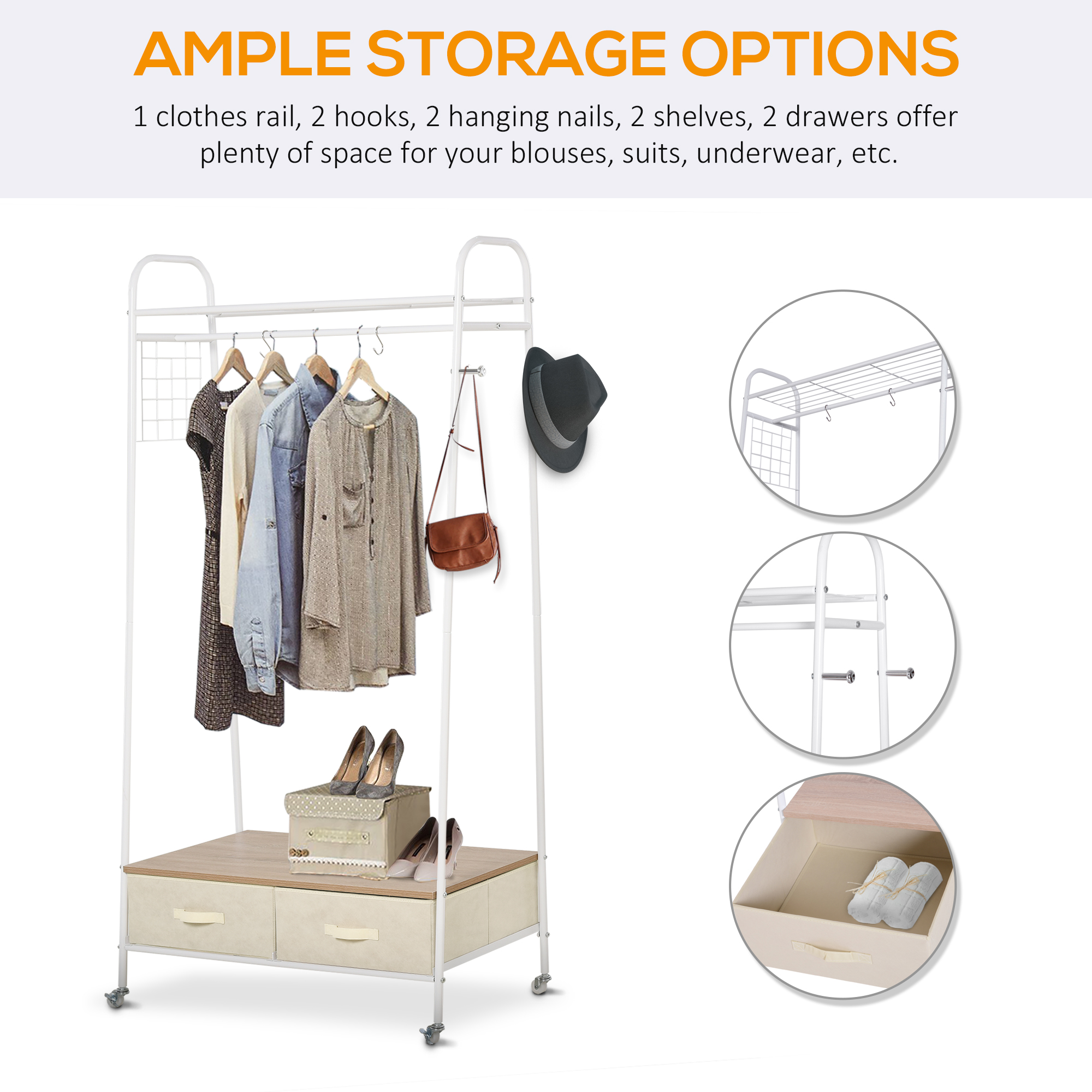 HOMCOM Coat Rack Stand with Rail, Clothes Storage Hanger, Shelf Organiser, 2 Drawers for Entryway, Durable Metal Frame