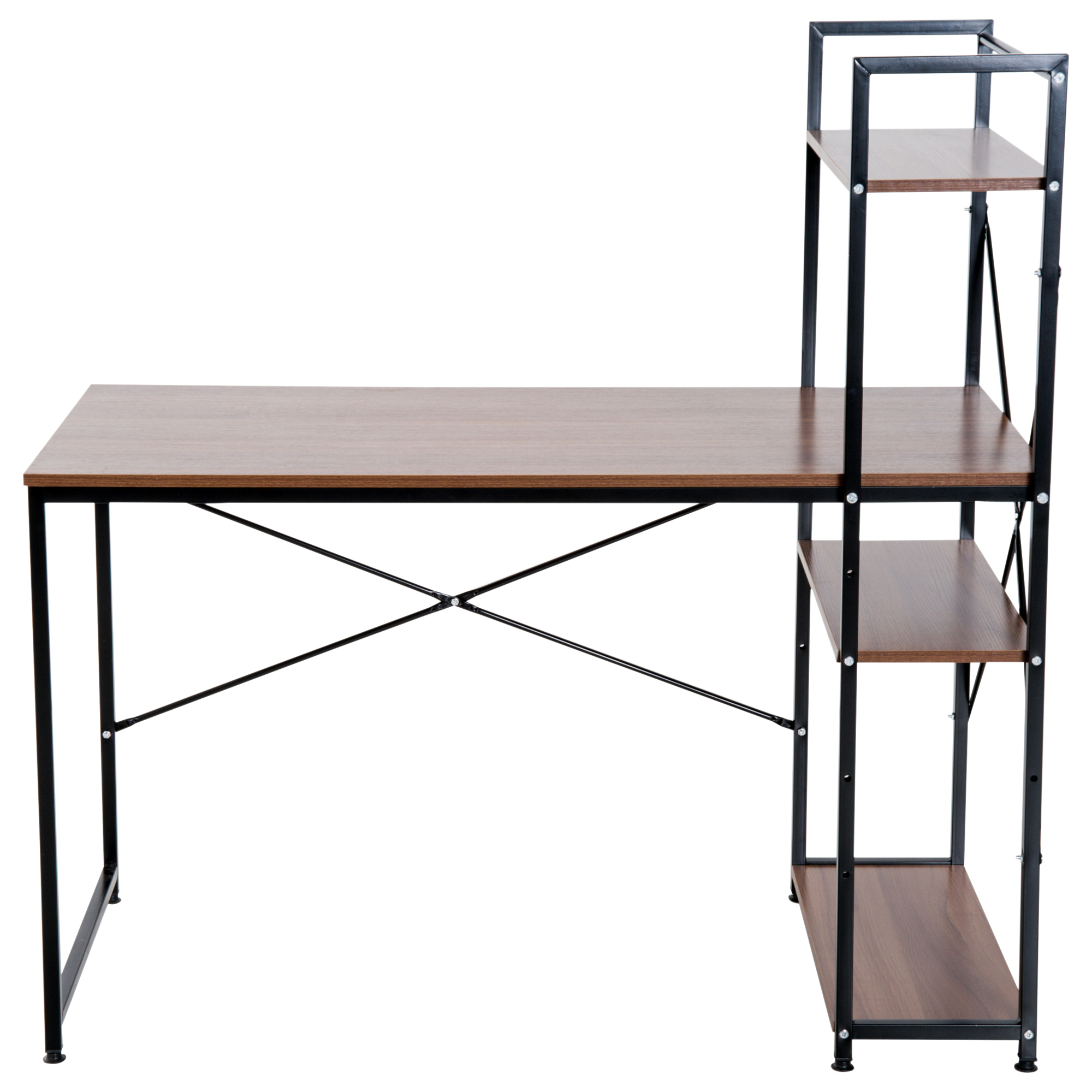 HOMCOM Workstation Desk with 4-Tier Bookshelf, Study PC Table, Home Office, Metal Frame, Wooden Top, Walnut & Black