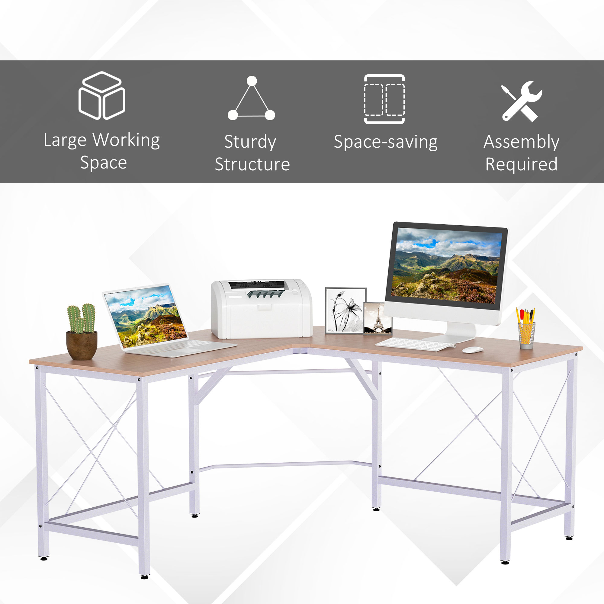 HOMCOM L-Shape Corner Gaming Desk, Computer PC Workstation for Home Office, Three Worktop Writing Table, 76x150cm, Oak