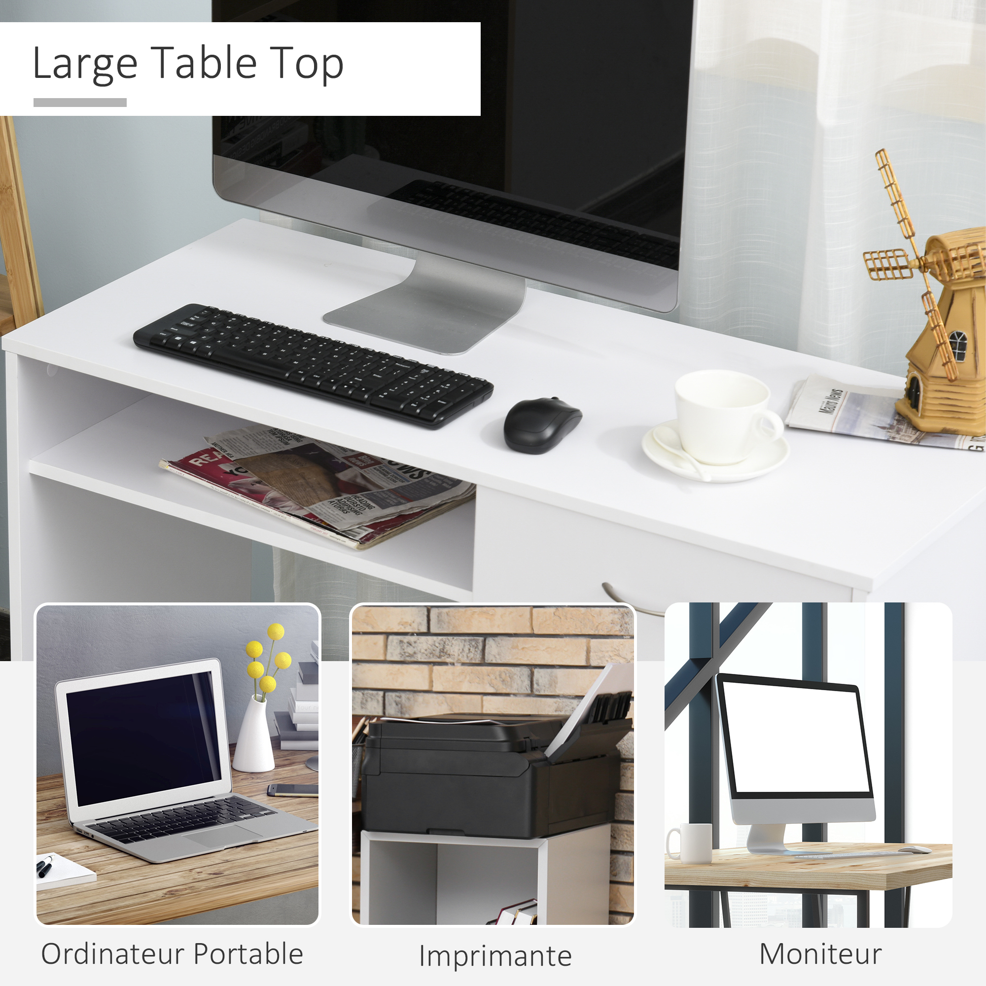HOMCOM Computer Desk with Shelf Drawer, Study Table with Storage Compartment, Writing Station, Stylish Display Storage, White