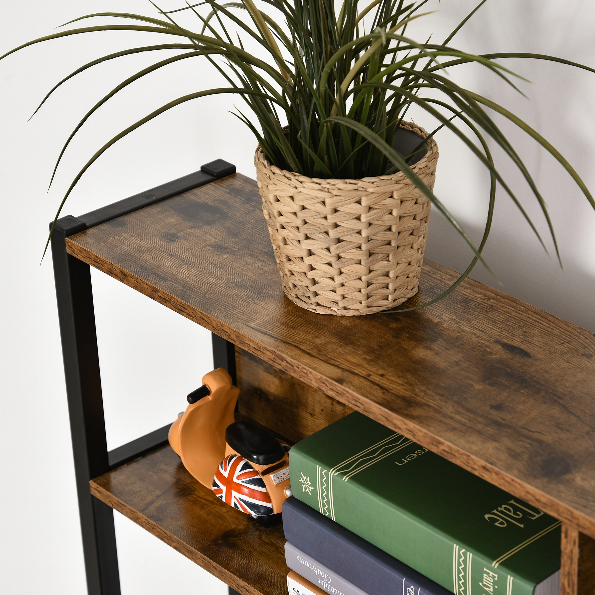 HOMCOM Industrial L-Shaped Work Desk & Storage Shelf Steel Frame Adjustable Feet Corner Workstation Home Office Study Stylish Brown Black