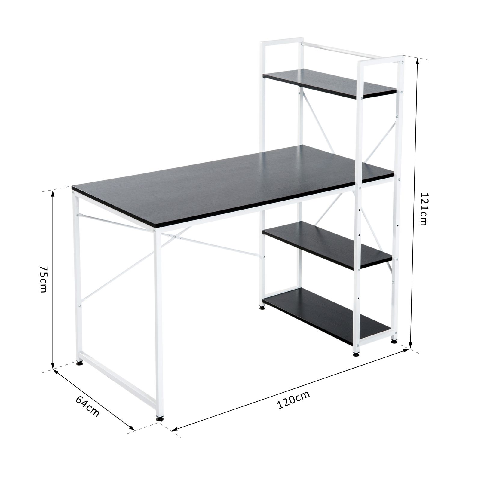 HOMCOM Study Workstation with 4-Tier Bookshelf, Metal Frame, Wooden Top, Home Office Computer Desk, Black & White.