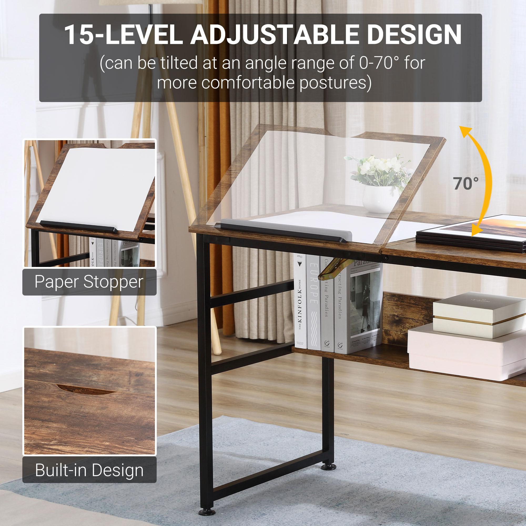 HOMCOM Adjustable Drafting Table Art Desk Drawing Table, Craft Desk Workstation for Painting, Multifunctional Writing Desk w/ 15-Level Tabletop