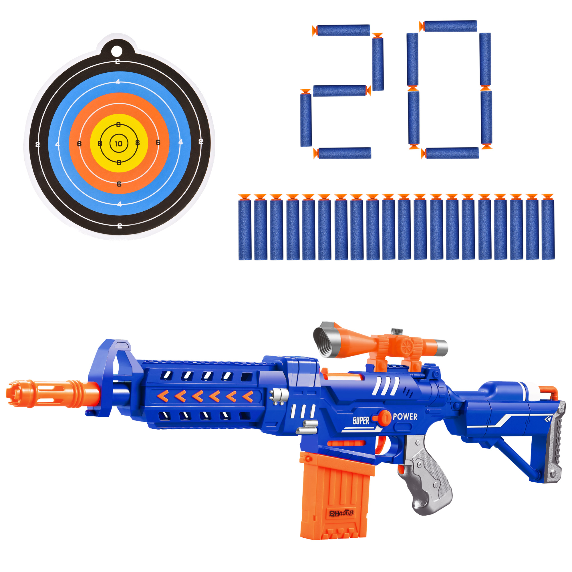HOMCOM Toy Automatic Foam Blaster Gun Shooter w/ 20 Soft EVA Refill Darts Continuous Shot Magazine Shooting Target Board for Boys & Girls 8-12 Years