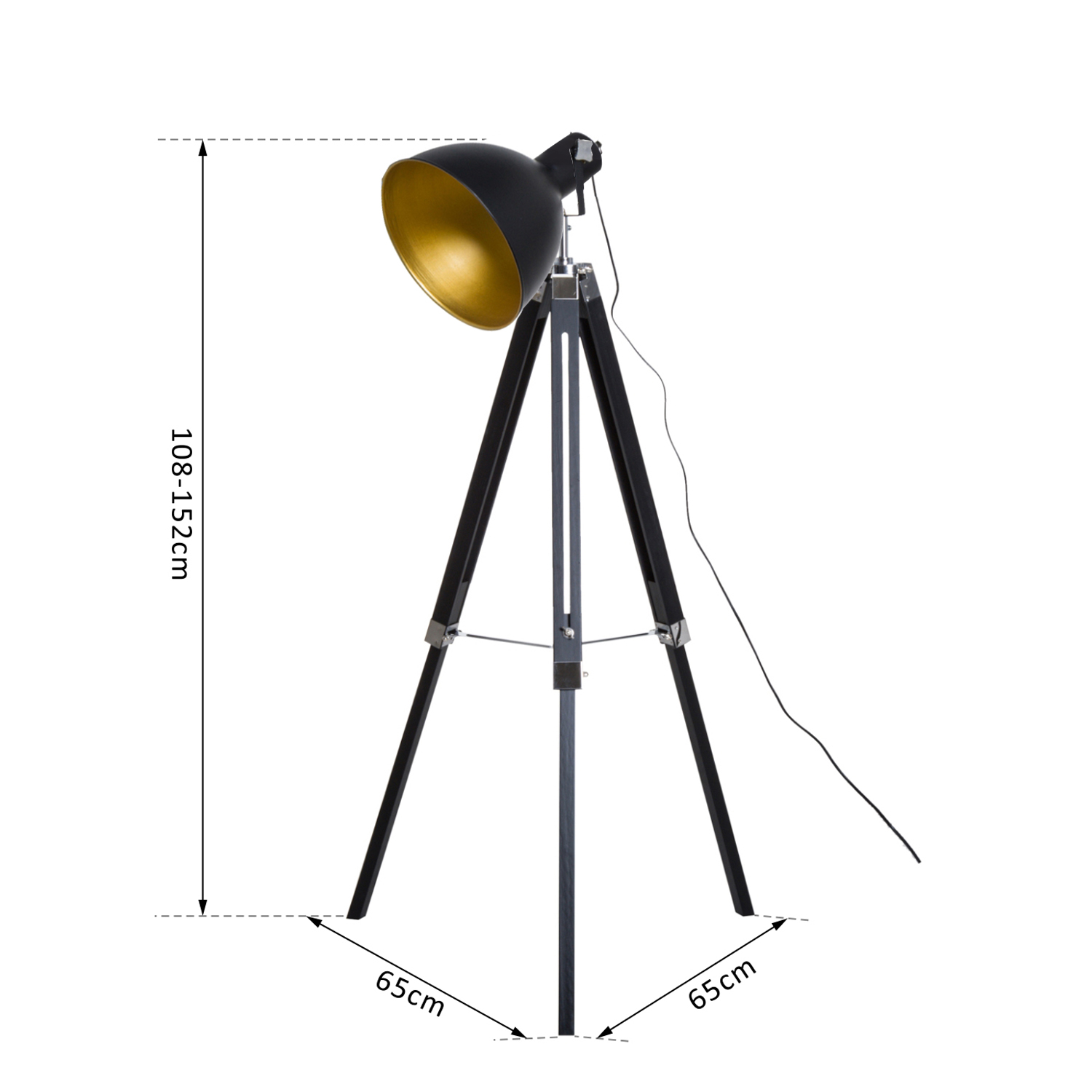 HOMCOM Studio Floor Lamp,Tripod Spotlight Lamp with Wood Legs, Ã˜ 30 cm Lampshade and Max. 40W, 152cm Floor Lamp, Metal, Black and Gold