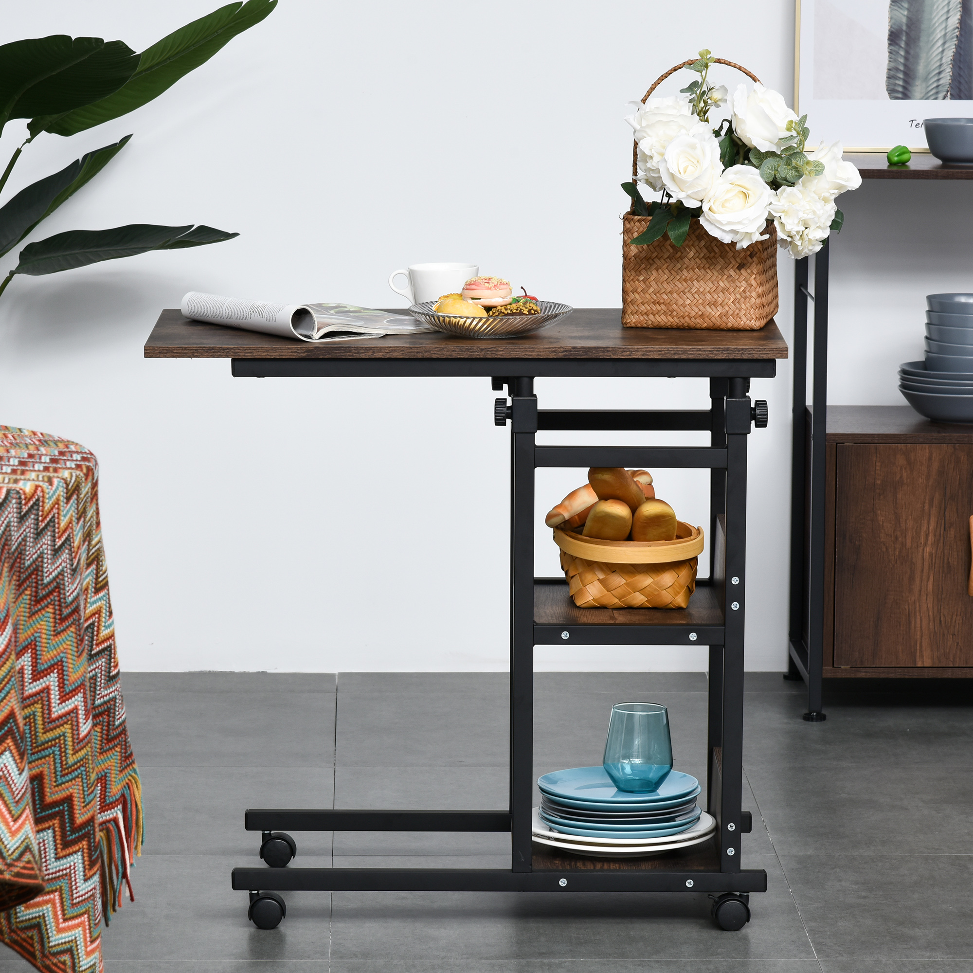 HOMCOM Industrial C-Shaped Side Table, Mobile End Desk with 3-Tier Storage, Adjustable Height, on Wheels
