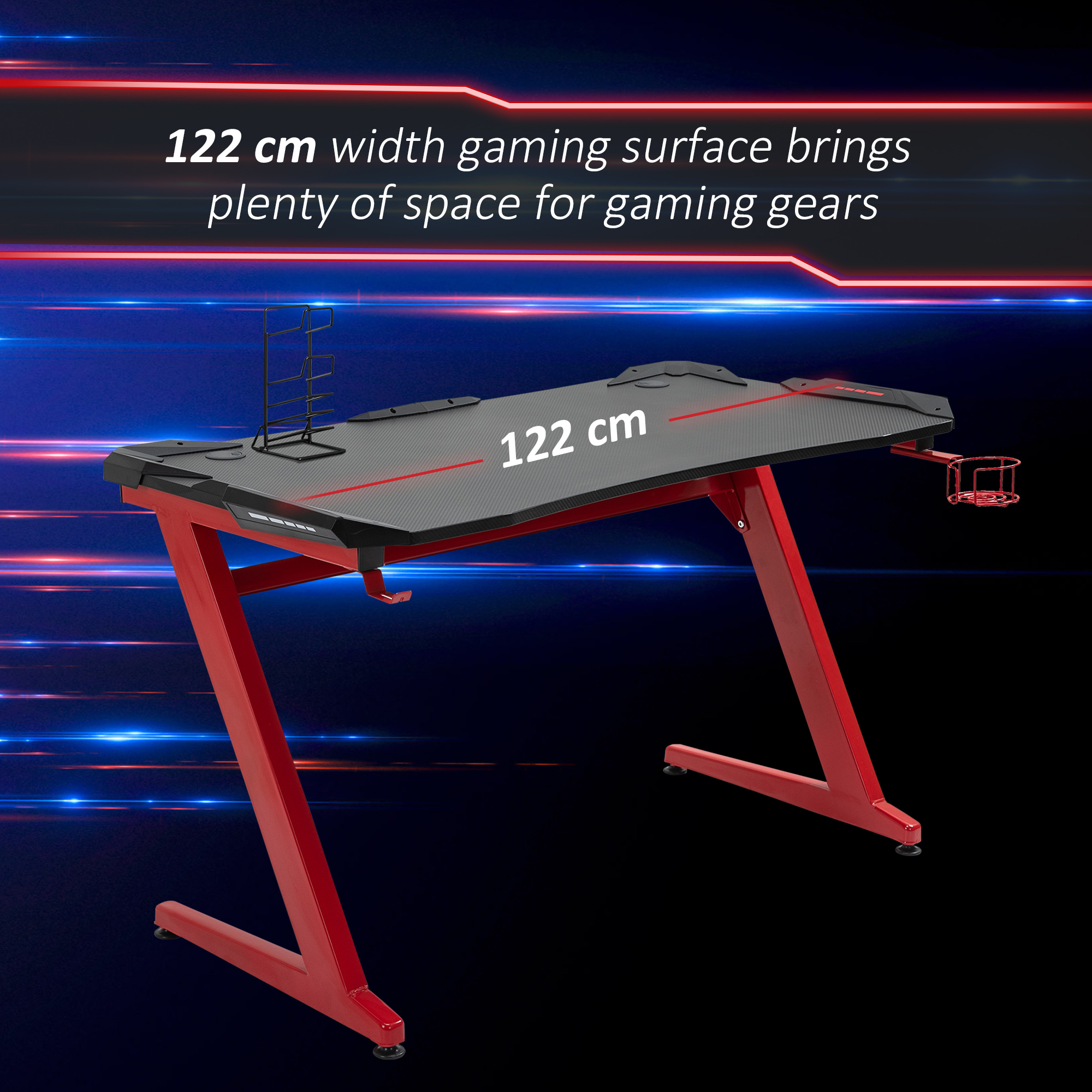 HOMCOM Gaming Desk, Ergonomic Home Office Desk, Gamer Workstation Racing Table, with Headphone Hook and Cup Holder, 122 x 66 x 86cm, Black and Red