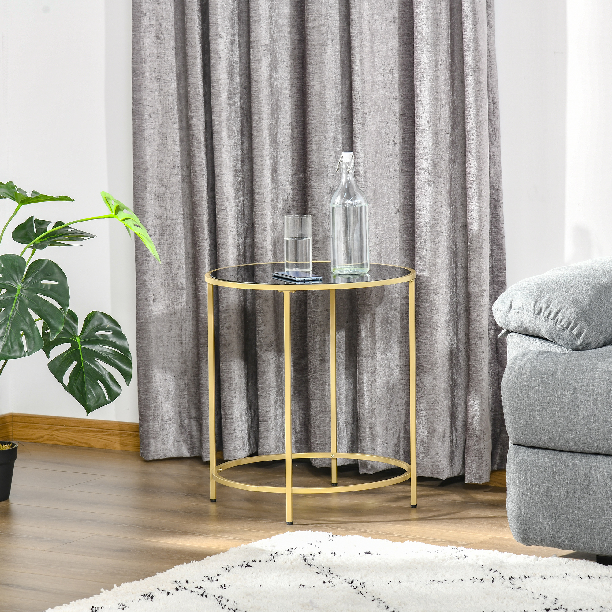 HOMCOM Modern Round Side Table, Gold Metal Base, Tempered Glass Top, Elegant Coffee Table for Living Room, Bedroom, Dining Area.