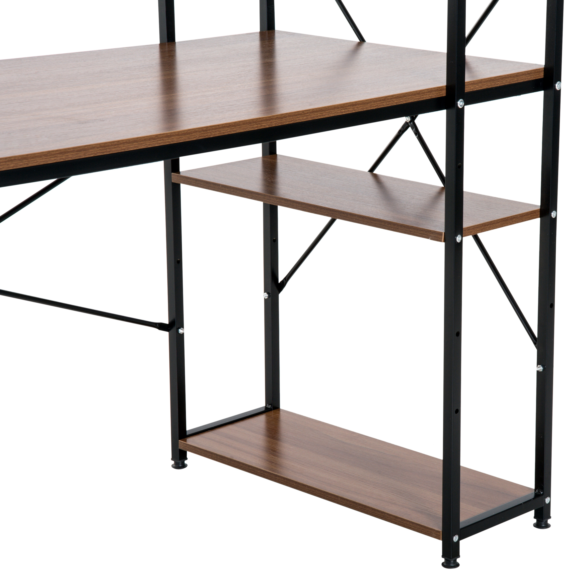 HOMCOM Workstation Desk with 4-Tier Bookshelf, Study PC Table, Home Office, Metal Frame, Wooden Top, Walnut & Black