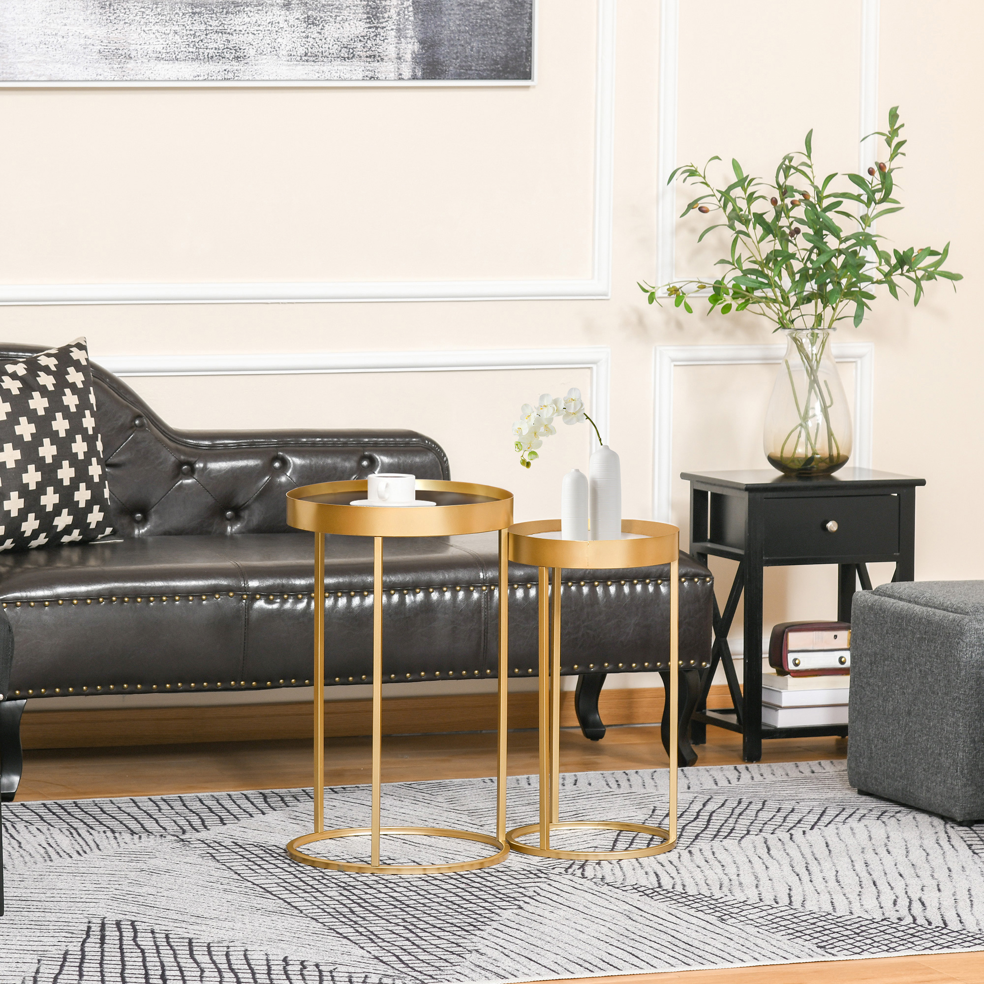 HOMCOM Nesting Coffee Tables, Set of 2, Gold Metal Frame, Marble Colour Embedded Tabletop, Versatile for Living Room, Bedroom.
