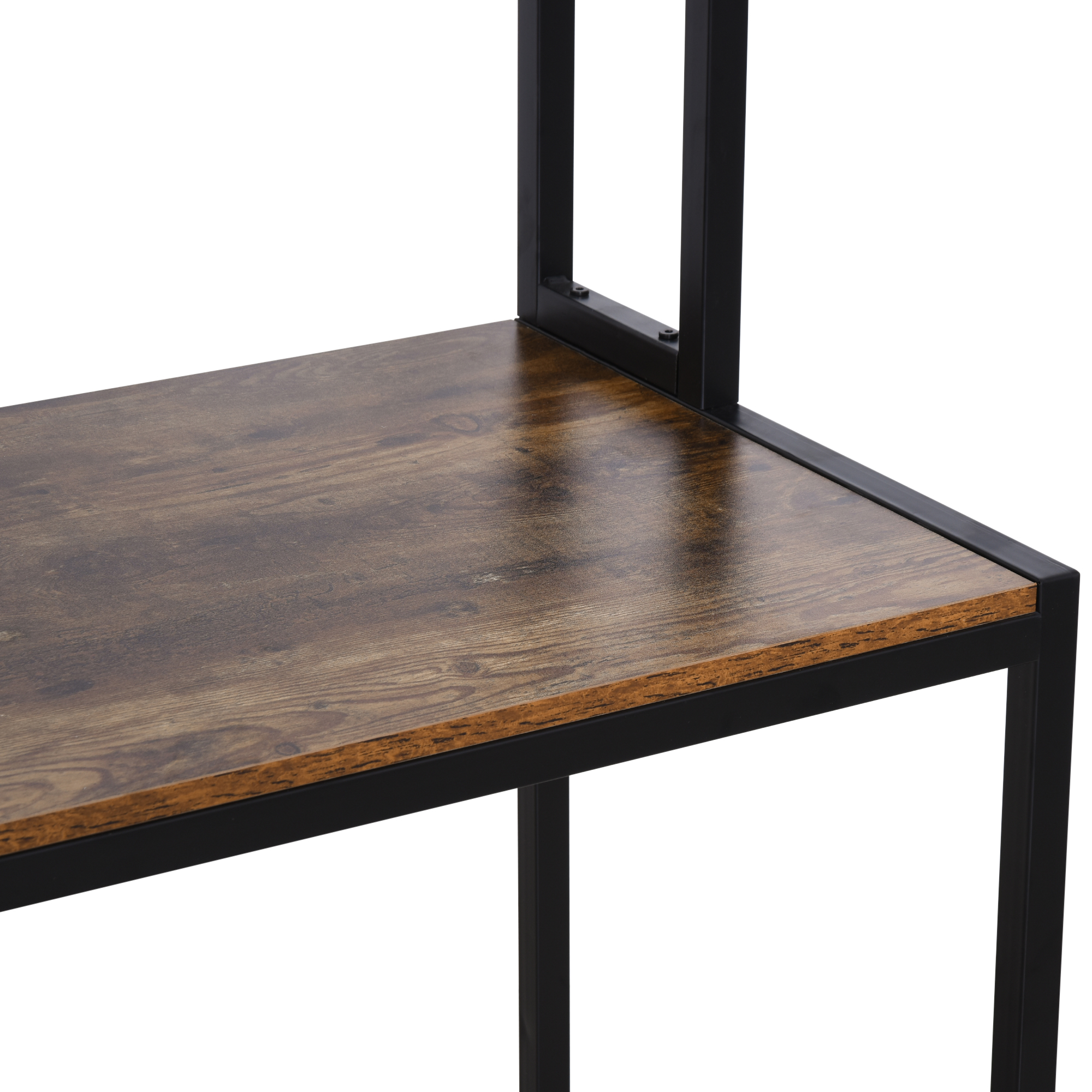 HOMCOM Industrial L-Shaped Work Desk & Storage Shelf Steel Frame Adjustable Feet Corner Workstation Home Office Study Stylish Brown Black