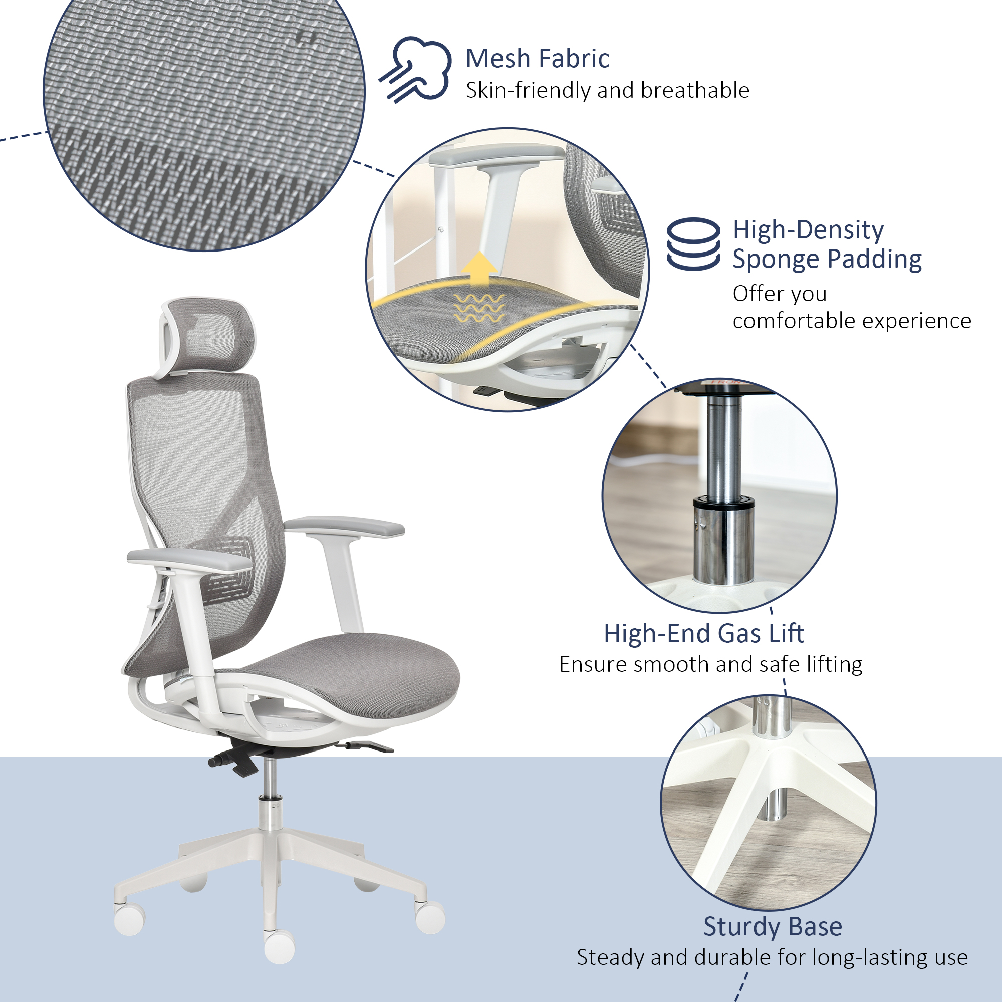Vinsetto Ergonomic Office Chair with 360Â° , Wheel, Mesh Back, Adjustable Height & 3D Armrest for Home Office, Grey