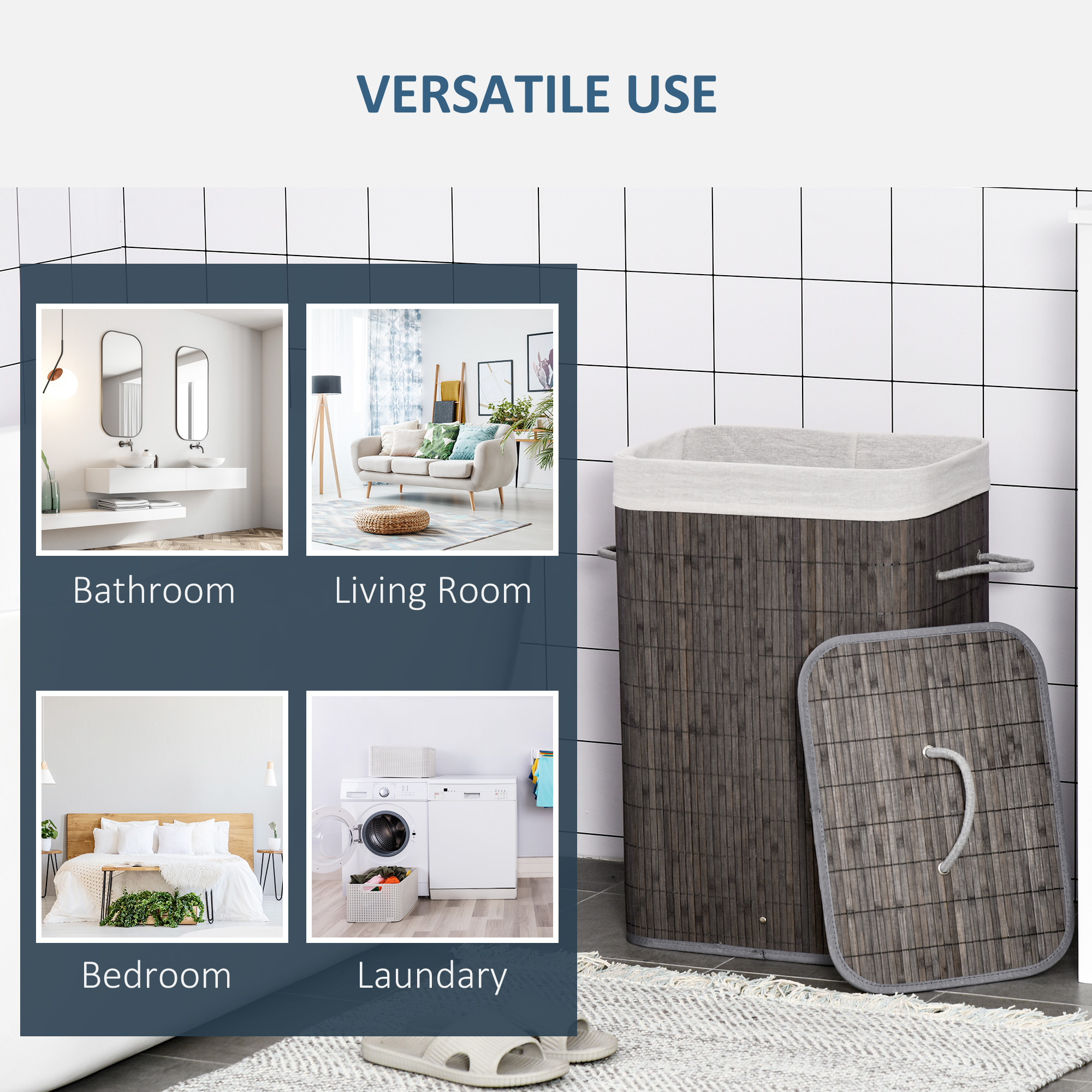 HOMCOM Collapsible Laundry Basket with Flip Lid, String Handles, Removable Lining, Foldable, Water-Resistant, Grey