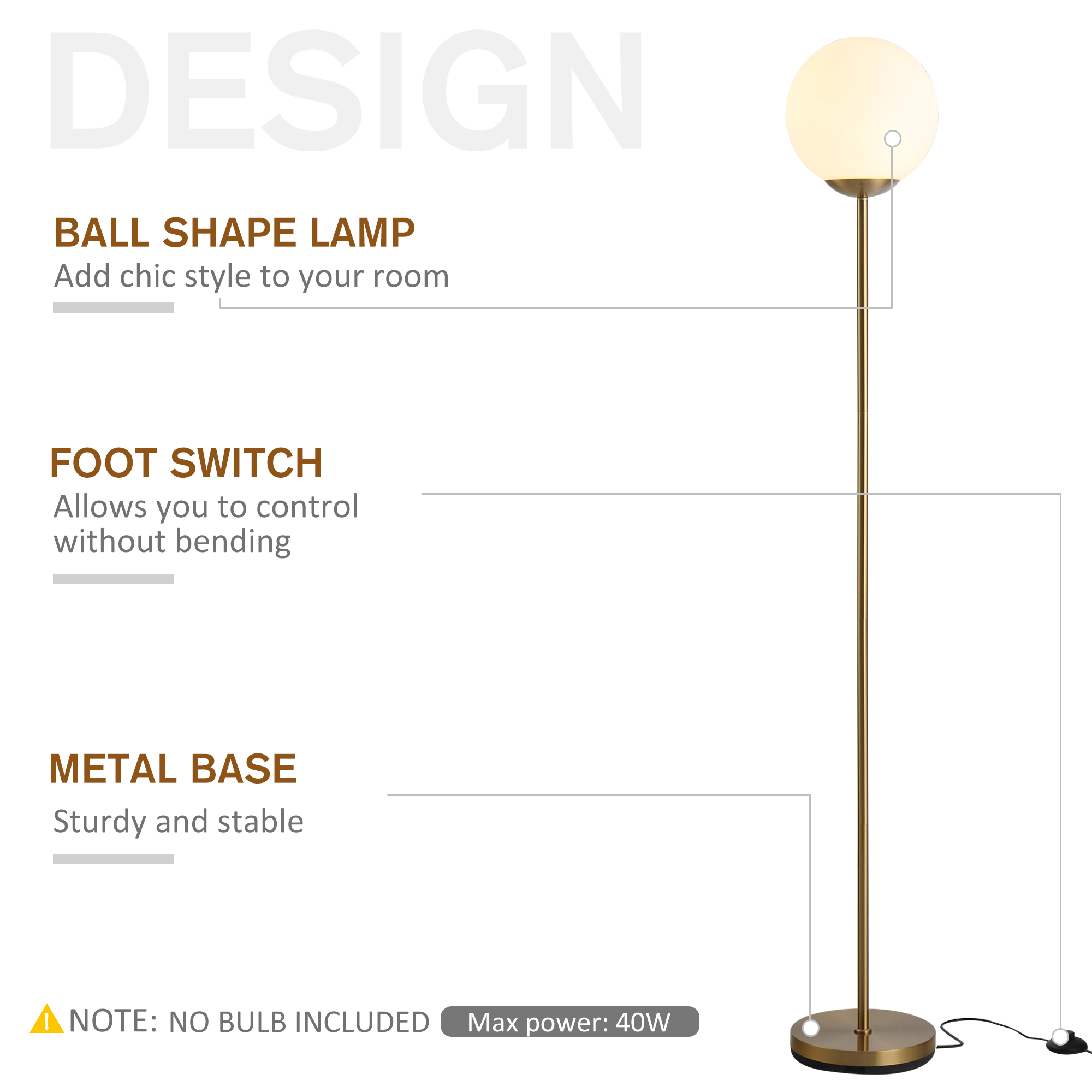 HOMCOM 171cm Glass Globe Floor Lamp Metal Frame Sphere Light Pedal Switch Home Office Living Room Modern Unique Standing Beautiful Furnishing - Gold