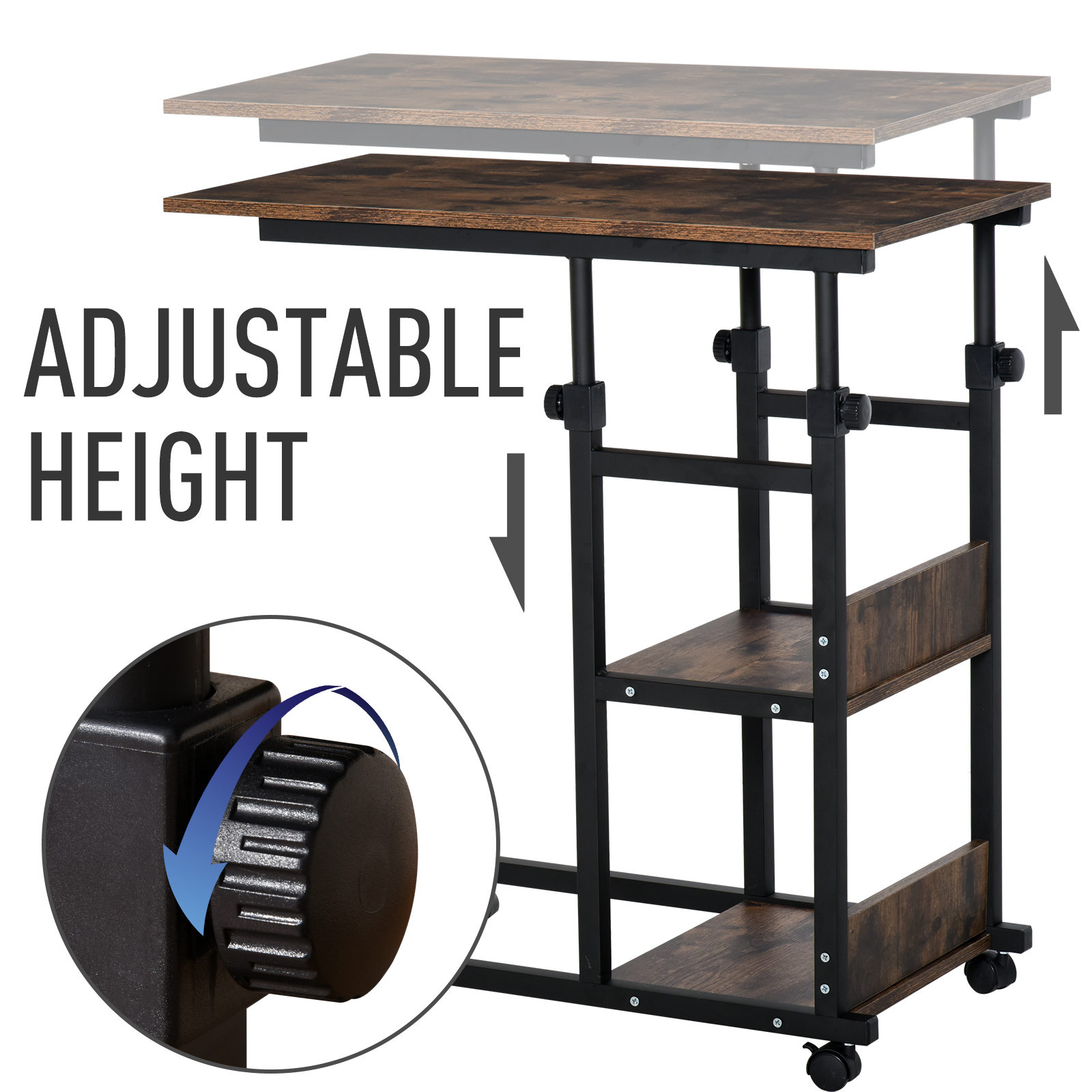 HOMCOM Industrial C-Shaped Side Table, Mobile End Desk with 3-Tier Storage, Adjustable Height, on Wheels