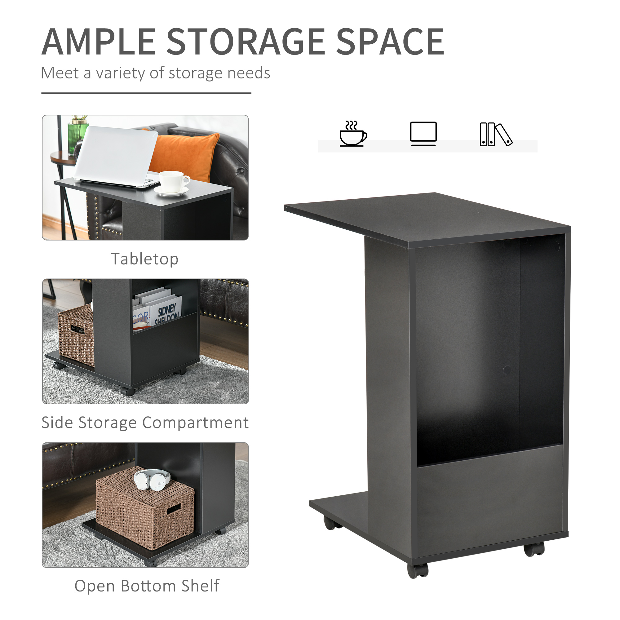 HOMCOM C-Shape End Table, Mobile Sofa Side Table with Storage, Casters for Laptop Coffee Snack, Black