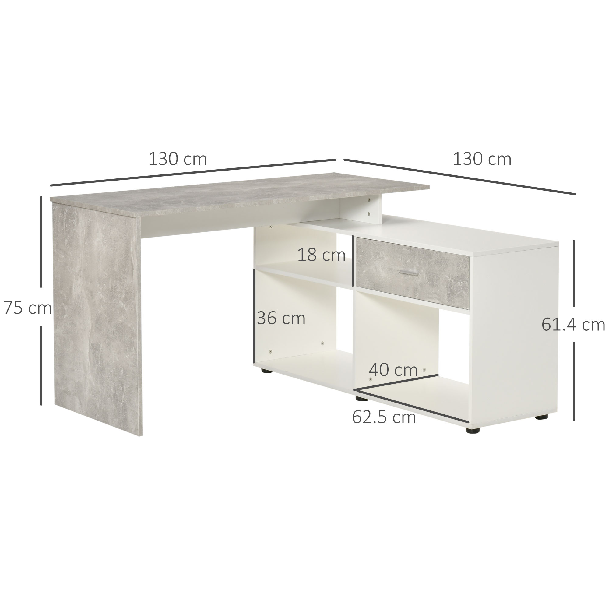 HOMCOM L-Shaped Computer Desk Home Office Corner Desk Study Workstation Space Saving Table with Shelves Drawer, Grey and White