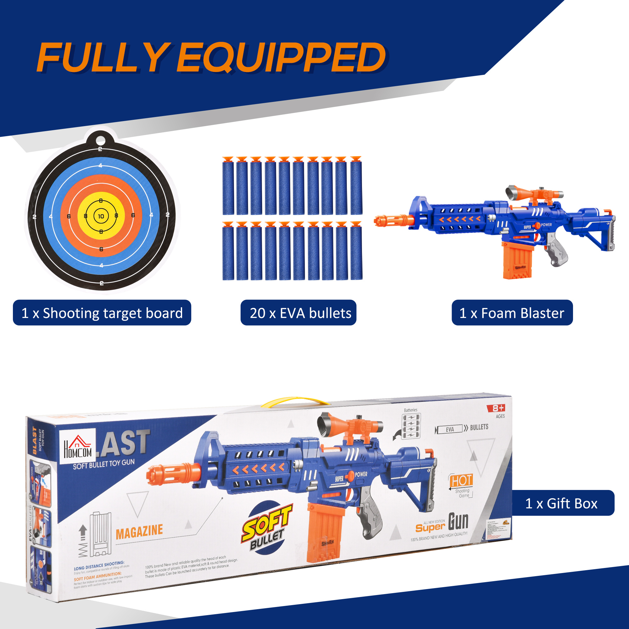 HOMCOM Toy Automatic Foam Blaster Gun Shooter w/ 20 Soft EVA Refill Darts Continuous Shot Magazine Shooting Target Board for Boys & Girls 8-12 Years