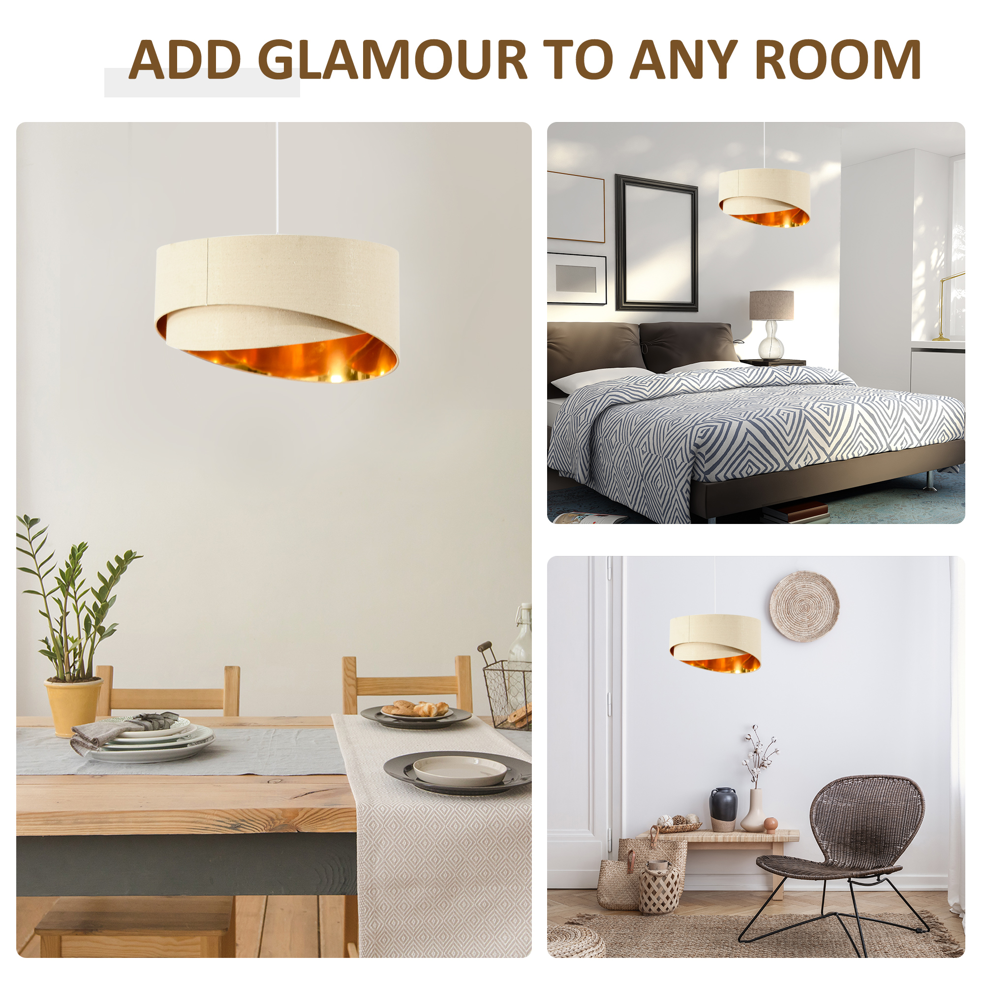 HOMCOM Modern Pendant Light with Adjustable Hanging Chain and Two Bevel Nested Lampshade, Metal Chandelier for Living Room, Bedroom, Beige and Gold