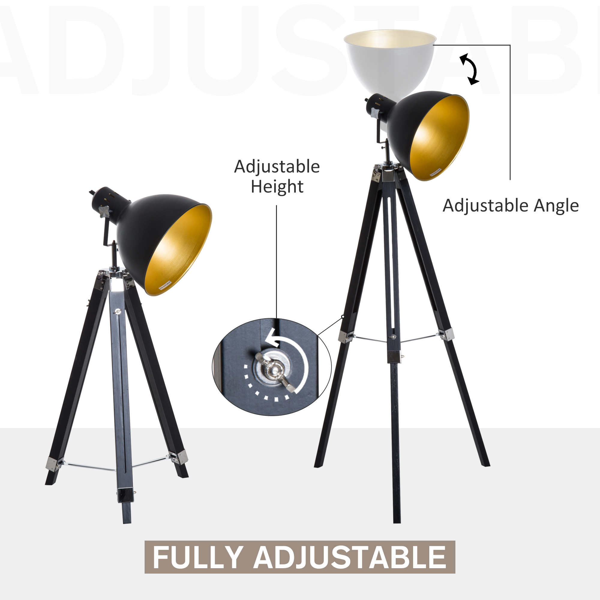 HOMCOM Studio Floor Lamp,Tripod Spotlight Lamp with Wood Legs, Ã˜ 30 cm Lampshade and Max. 40W, 152cm Floor Lamp, Metal, Black and Gold