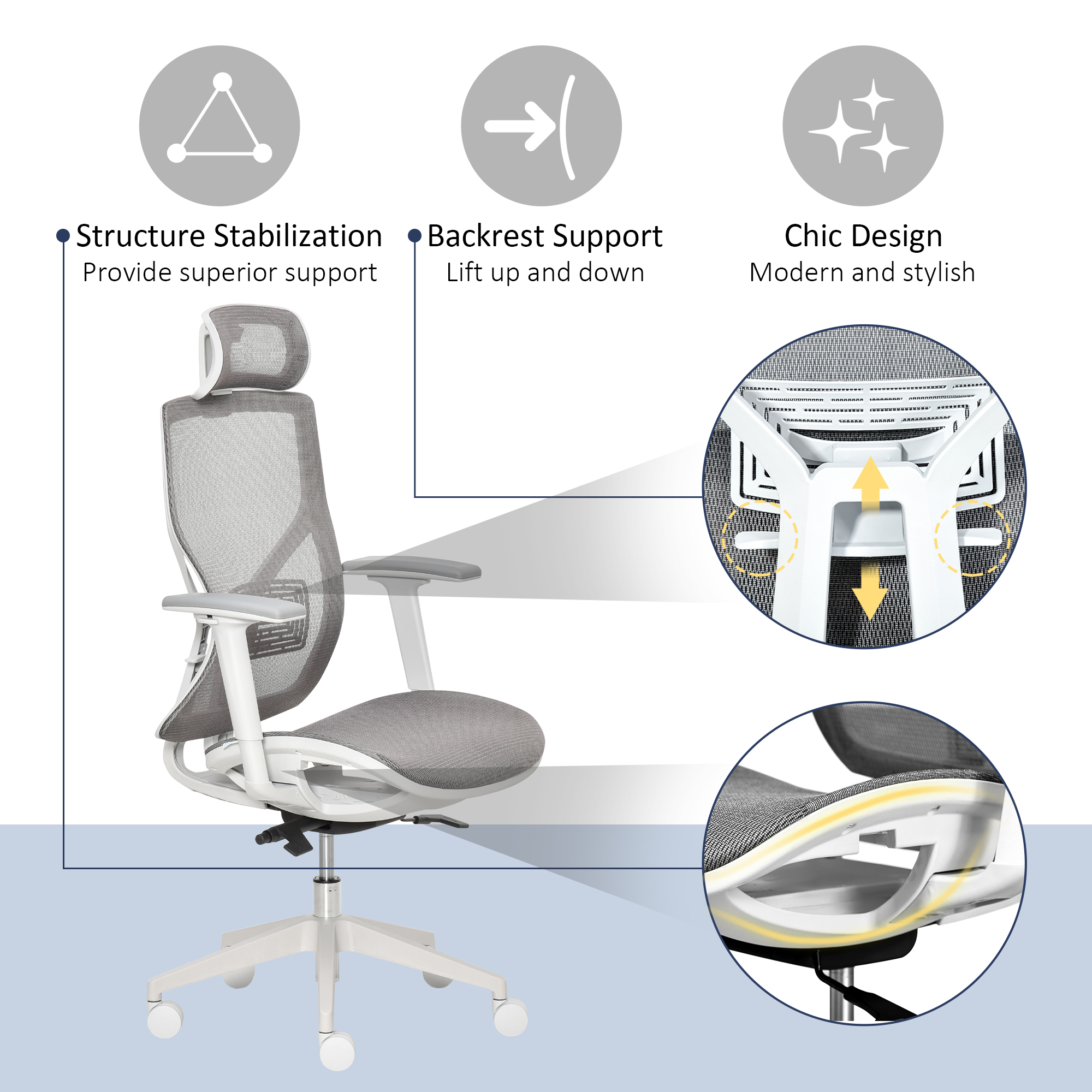 Vinsetto Ergonomic Office Chair with 360Â° , Wheel, Mesh Back, Adjustable Height & 3D Armrest for Home Office, Grey
