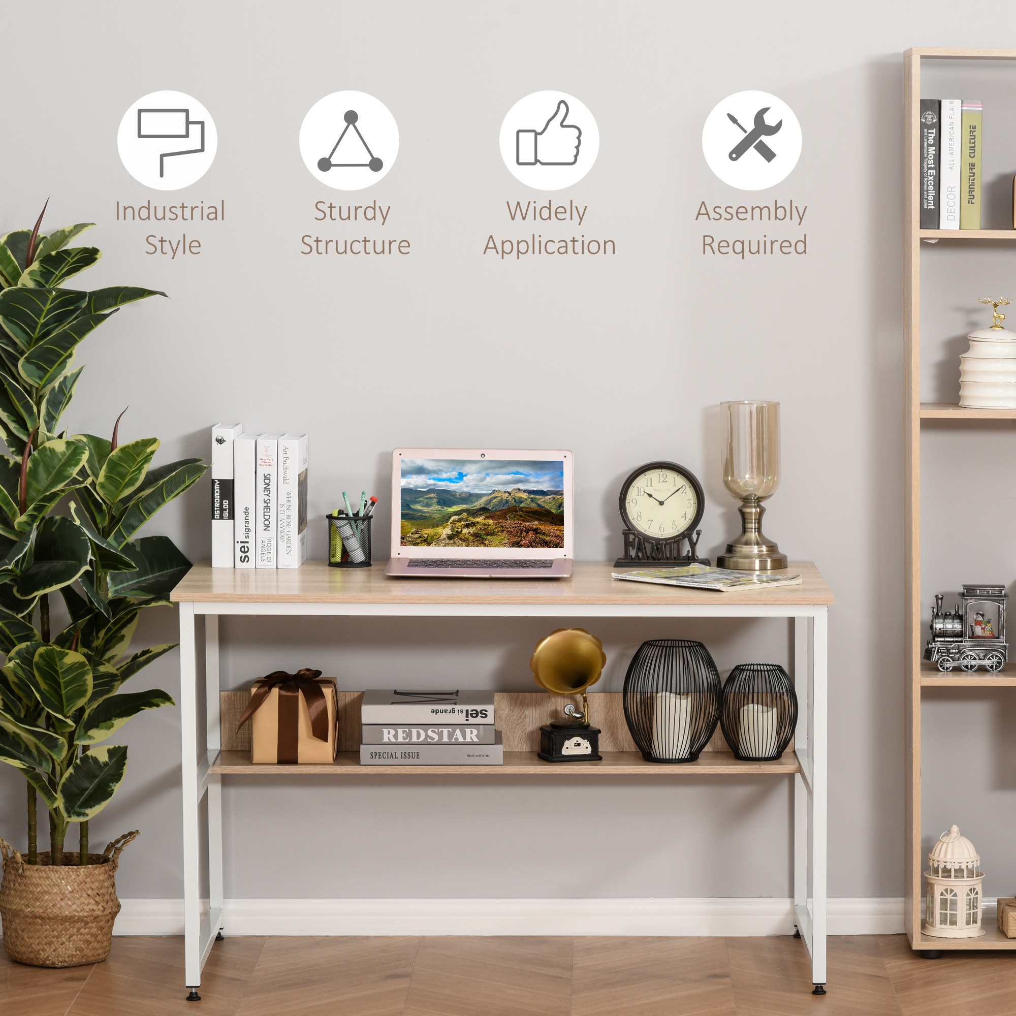 HOMCOM Computer Desk w/ Storage Shelf Adjustable Feet Metal Frame Home Office Laptop Study Writing Workstation Table Oak