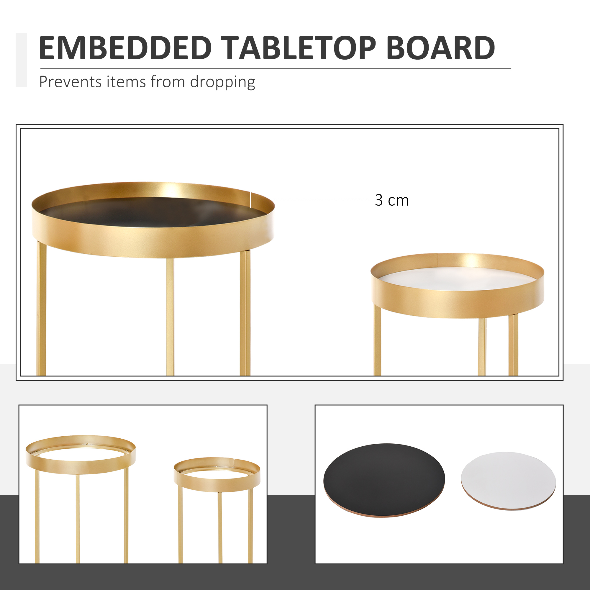 HOMCOM Nesting Coffee Tables, Set of 2, Gold Metal Frame, Marble Colour Embedded Tabletop, Versatile for Living Room, Bedroom.