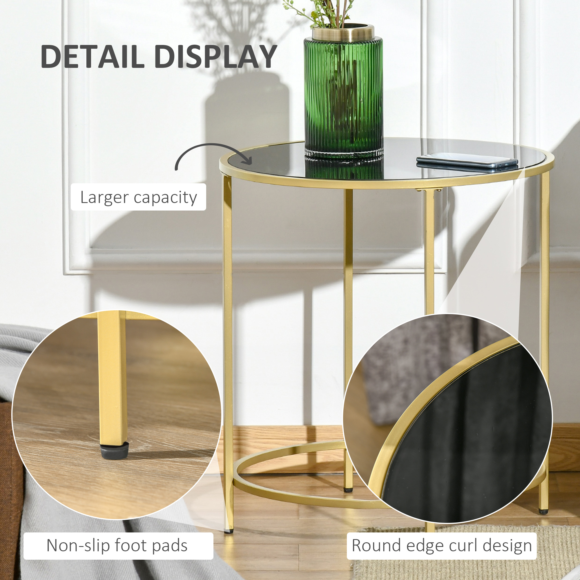 HOMCOM Modern Round Side Table, Gold Metal Base, Tempered Glass Top, Elegant Coffee Table for Living Room, Bedroom, Dining Area.