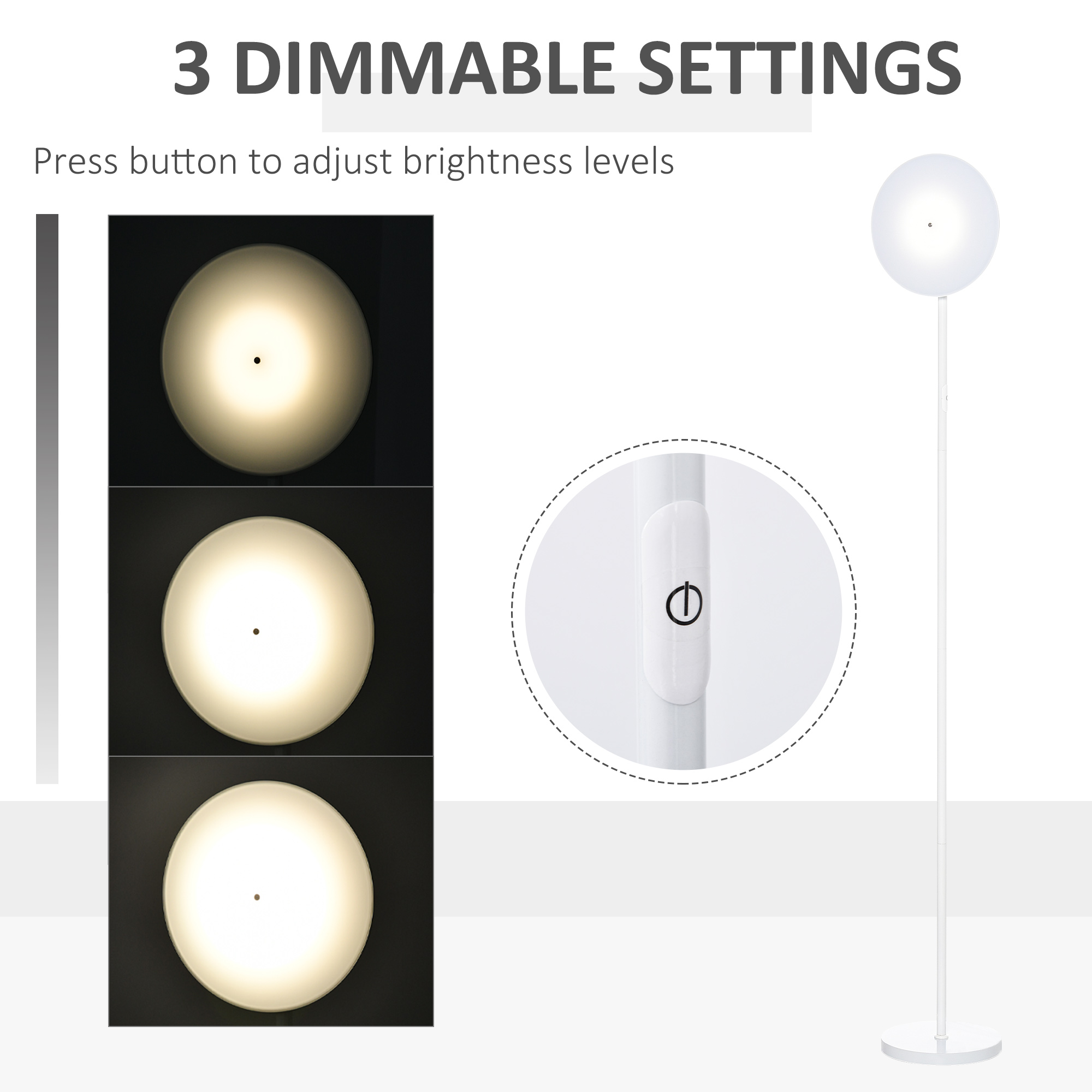 HOMCOM LED Floor Lamp 18W Uplighter Reading Standing Light with Adjustable Head 3 Brightness Levels Touch Control Industrial Style, White