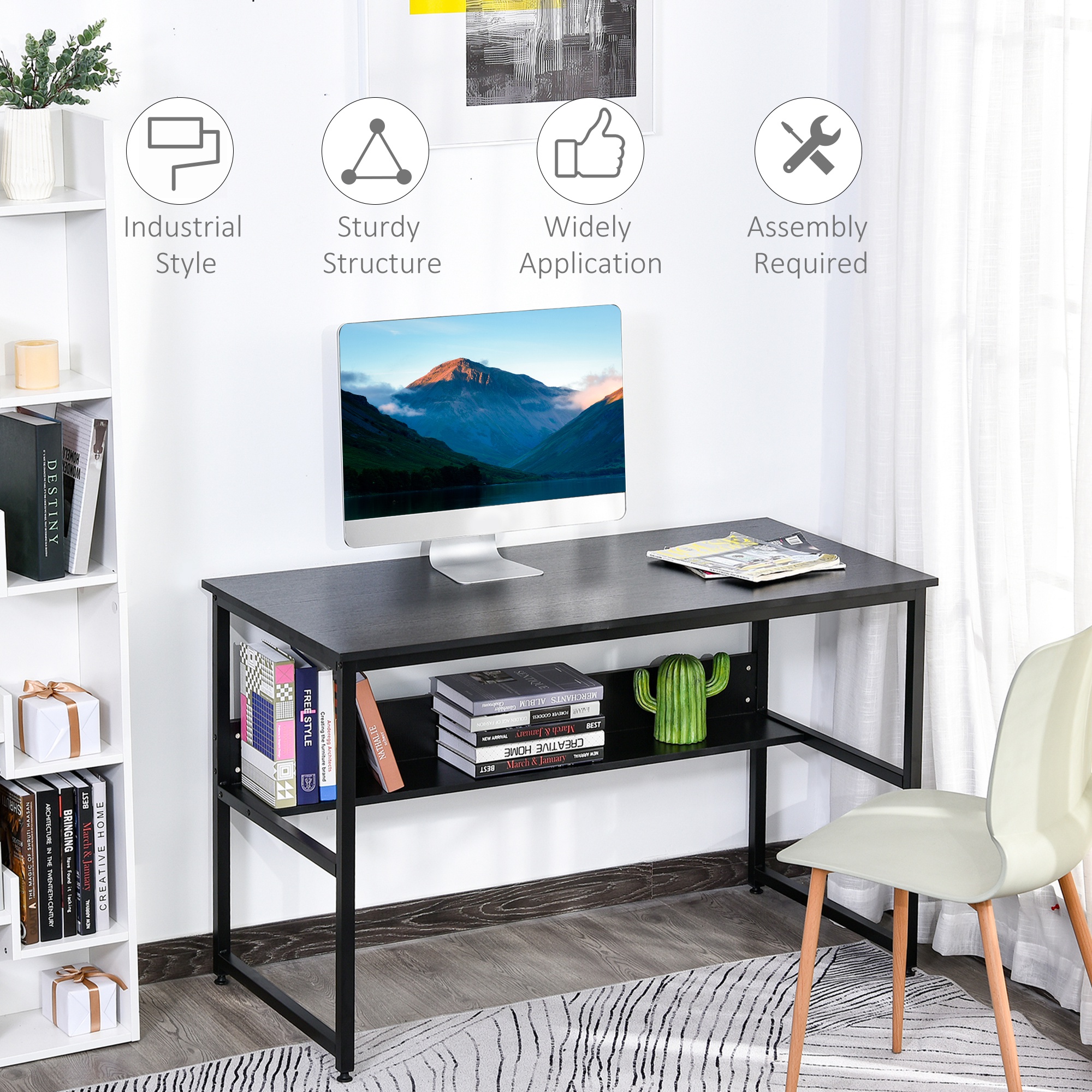 HOMCOM Computer Desk w/ Storage Shelf Adjustable Feet Metal Frame Home Office Laptop Study Writing Workstation Table Black